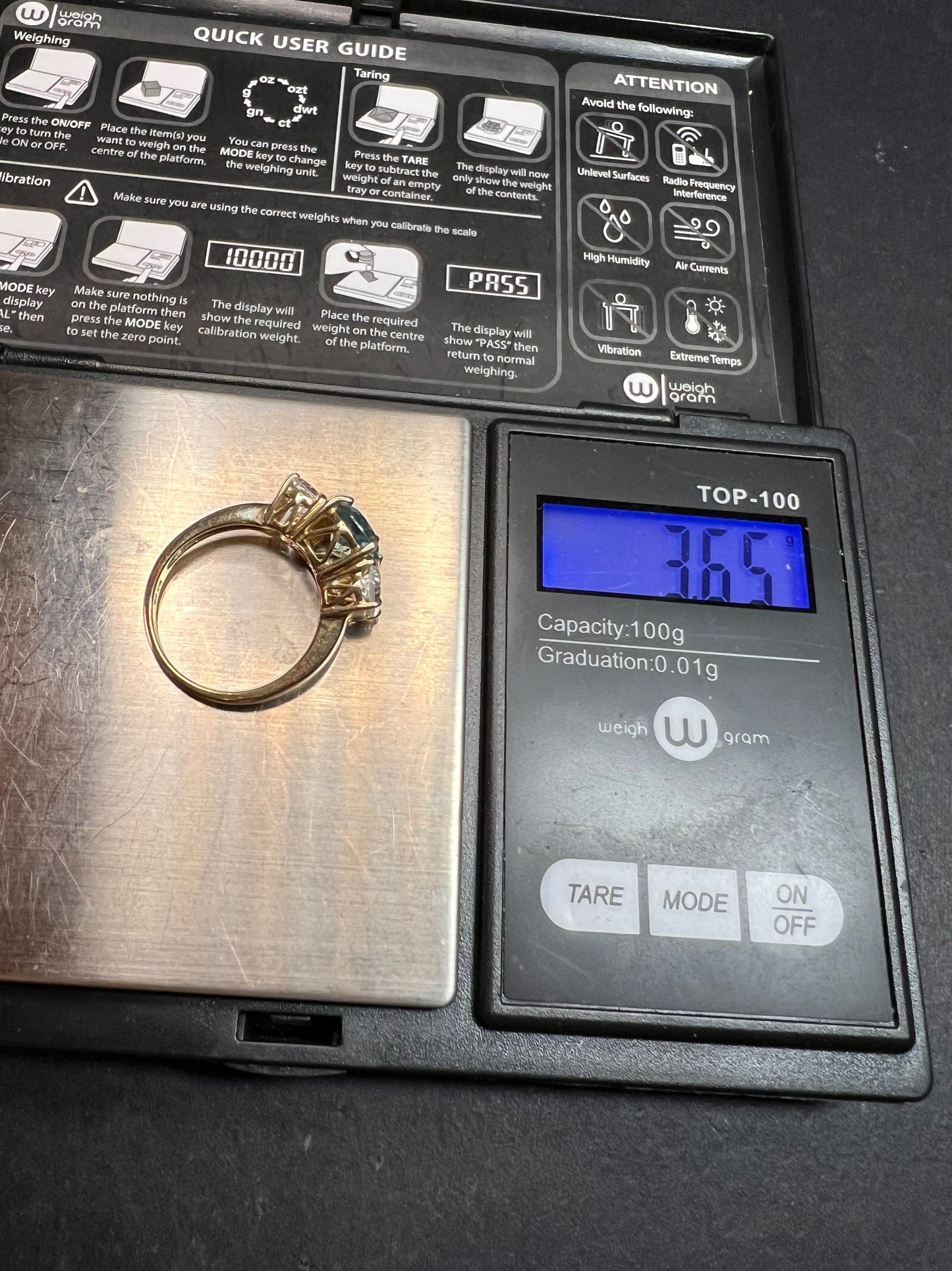 Vintage 10K Yellow Gold Blue Topaz & White Topaz Three-Stone Ring – Size 7