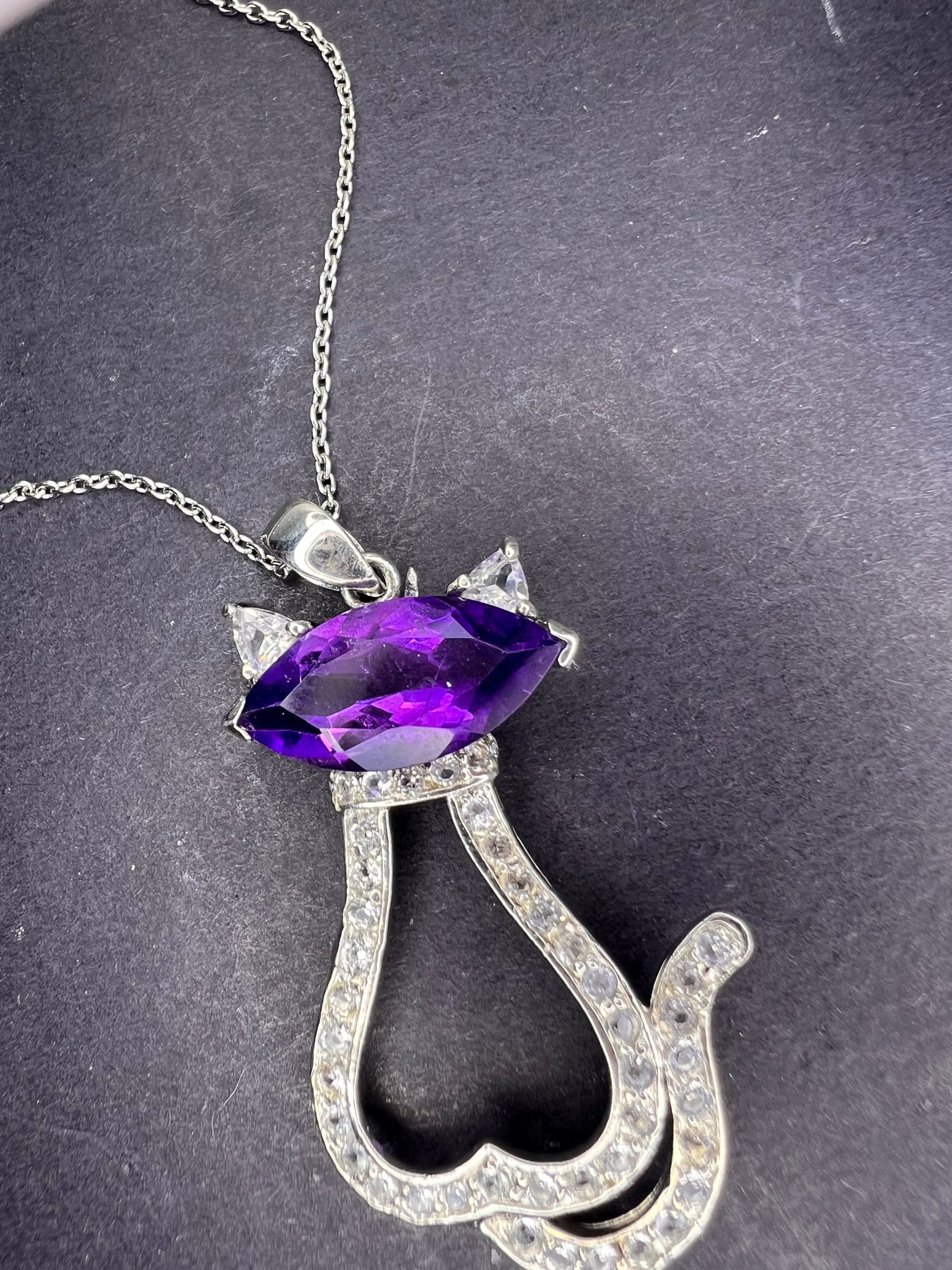Purple Amethyst white topaz Rhodium Over Silver Cat Pendant Chain