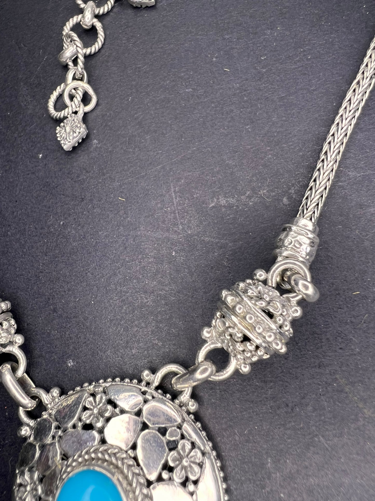 Sarda vintage turquoise Sterling silver Byzantine station 2 clasp adjustable necklace 16-25 inches