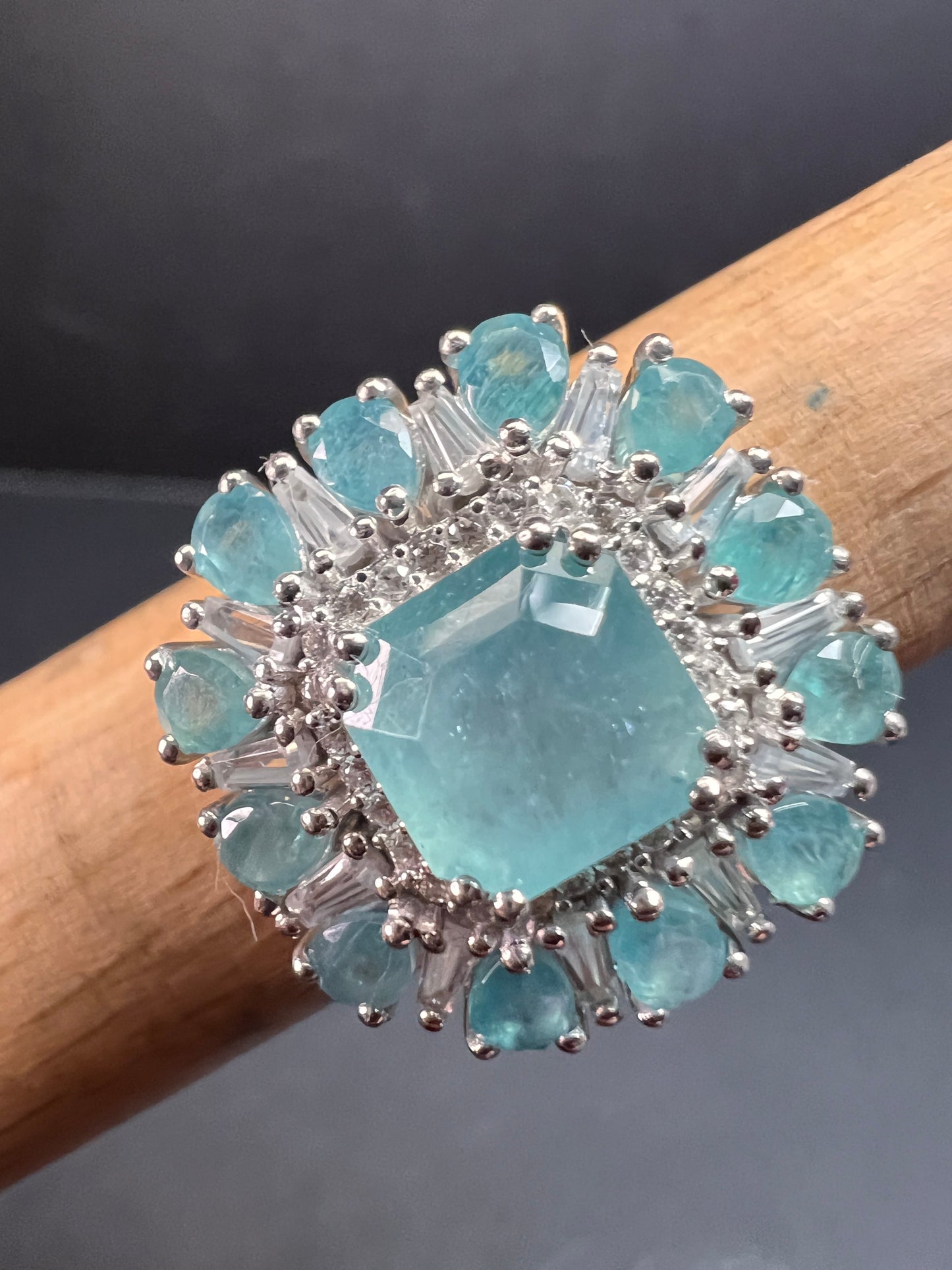 NEW grandidierite and zircon cocktail ring in rhodium over sterling silver size 7