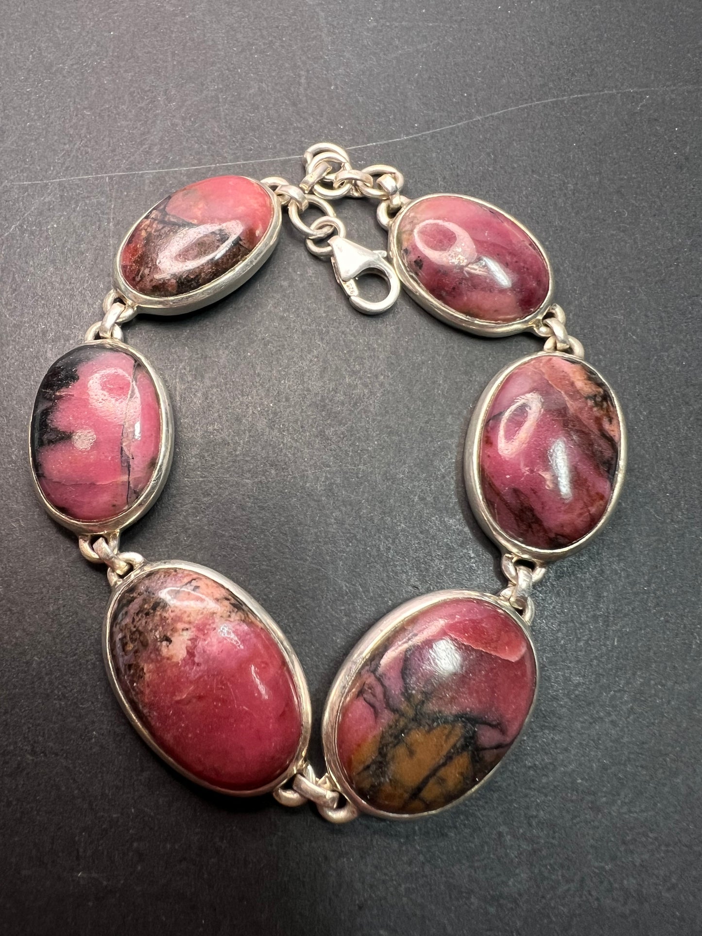 NEW Rhodonite sterling silver link bracelet 7.75 inch