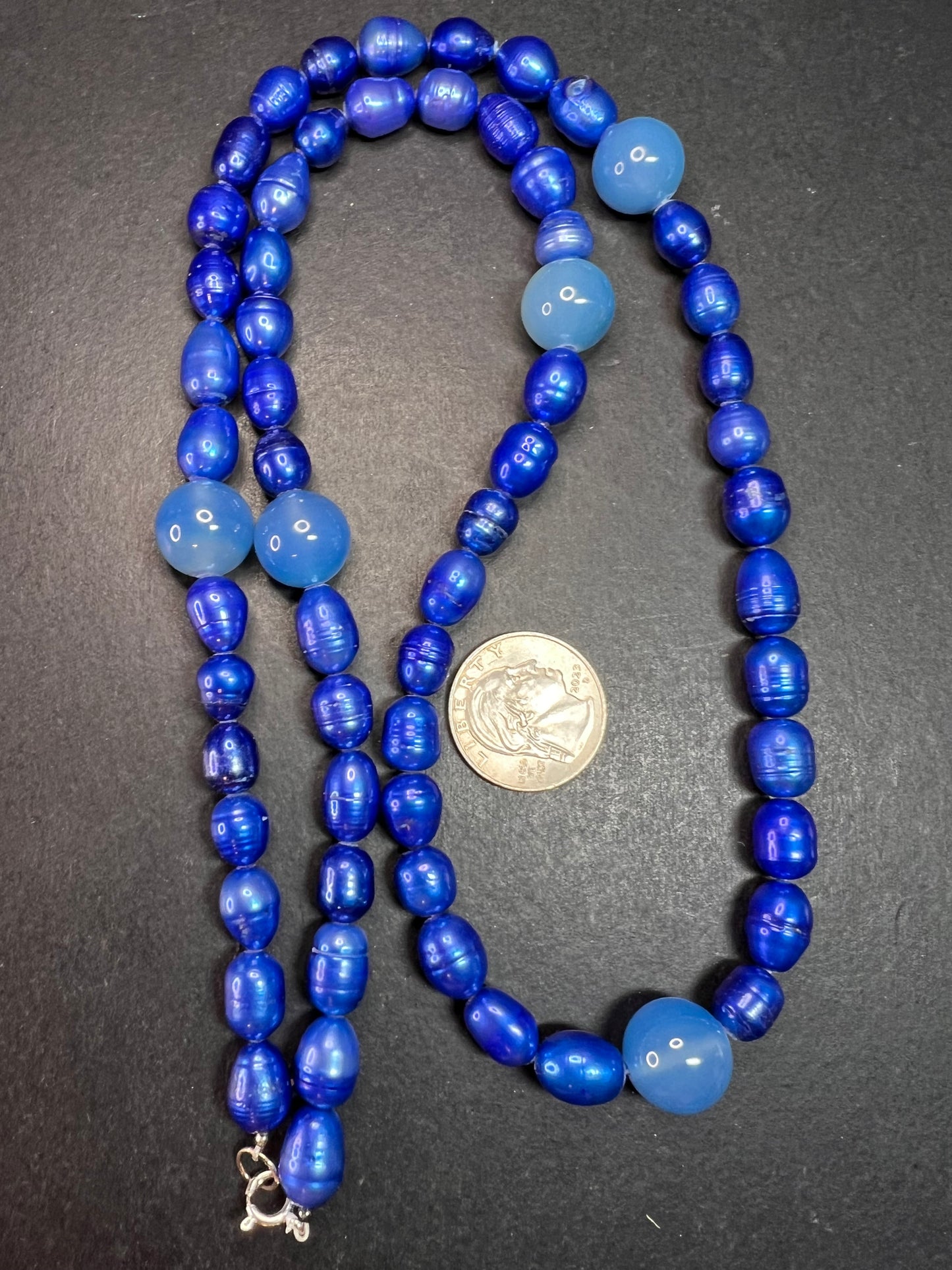 NEW blue freshwater pearls and agate 32 inch necklace with sterling silver clasp