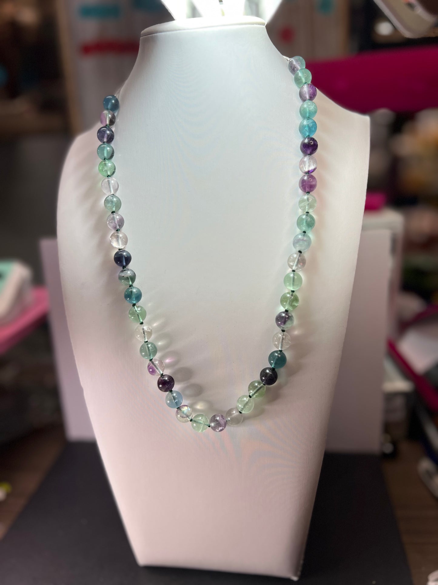 NEW Fluorite knotted beaded bolo necklace with sterling silver magnetic clasp