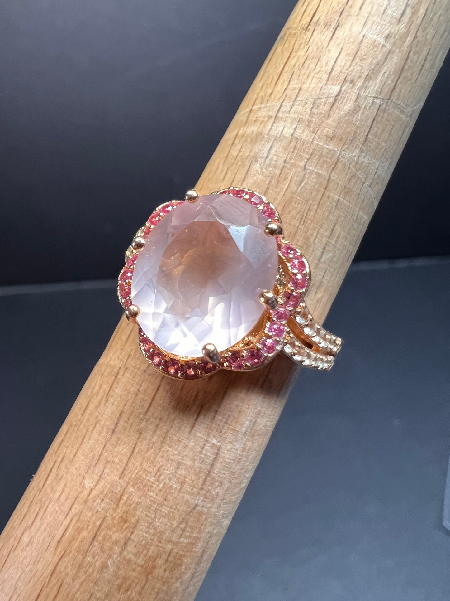 NEW Rose Quartz and lab pink sapphire rose gold over sterling silver ring size 8