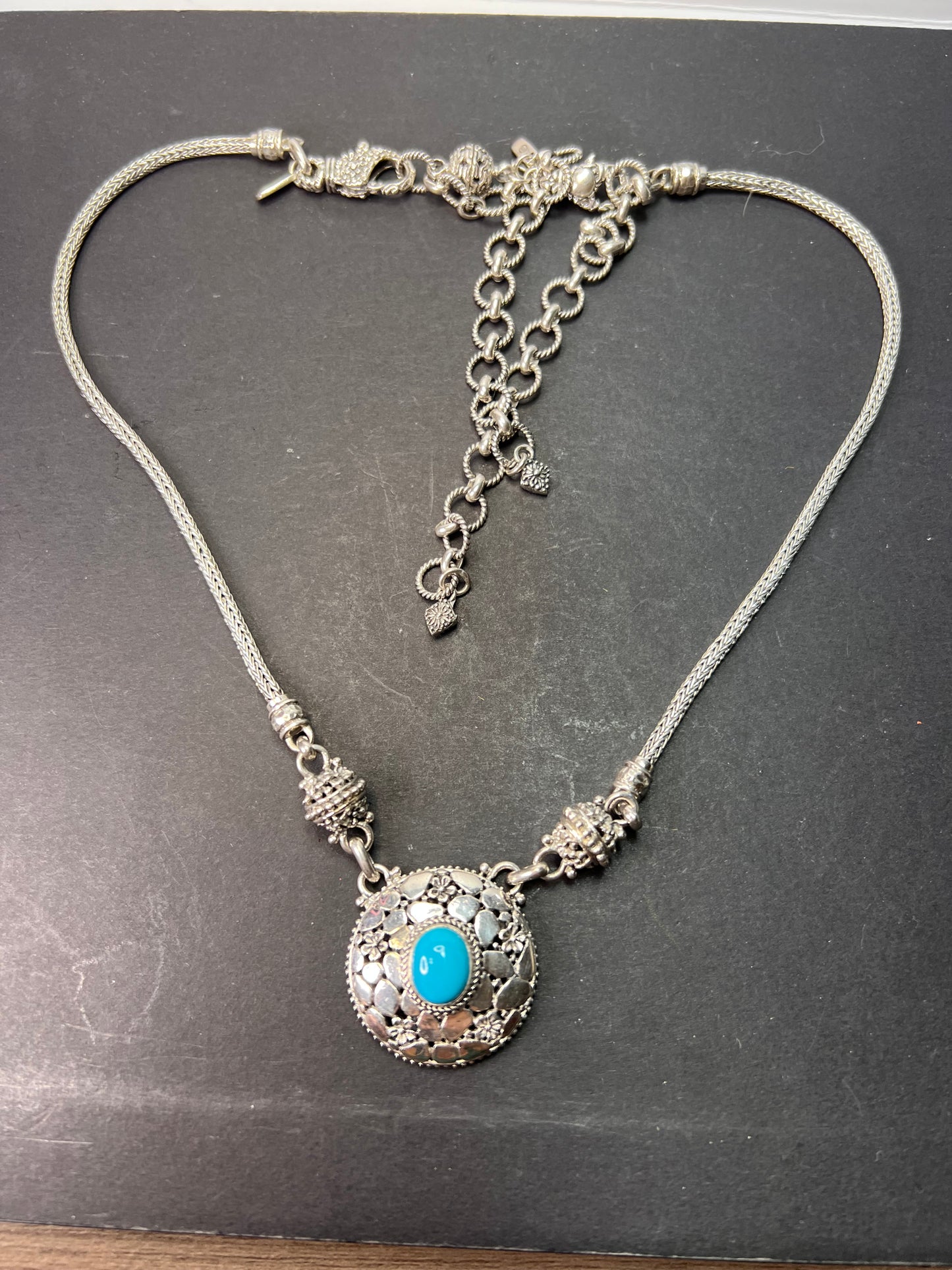 Sarda vintage turquoise Sterling silver Byzantine station 2 clasp adjustable necklace 16-25 inches