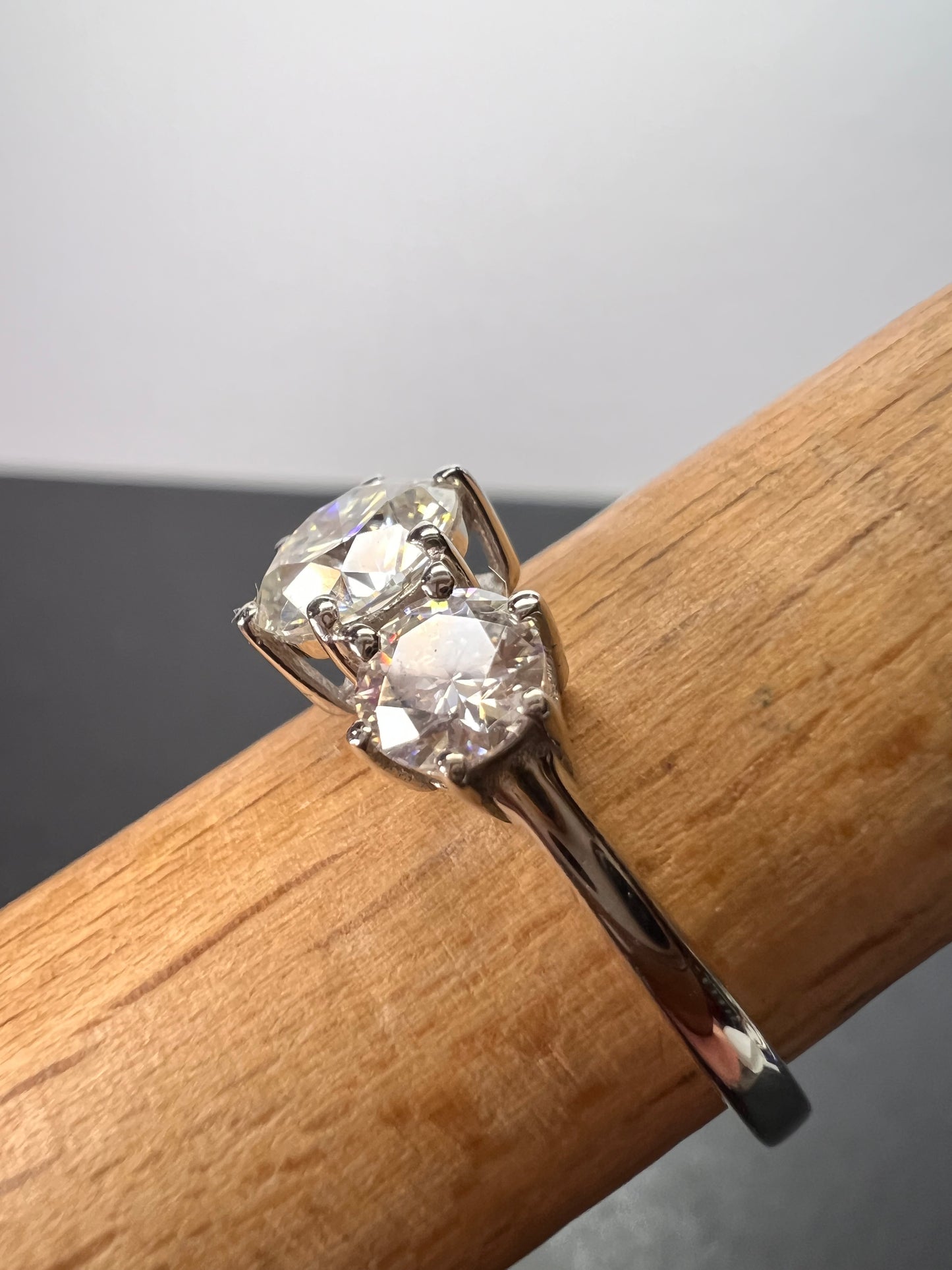 Moissanite trilogy ring in platinum over sterling silver size 9 *NEW*