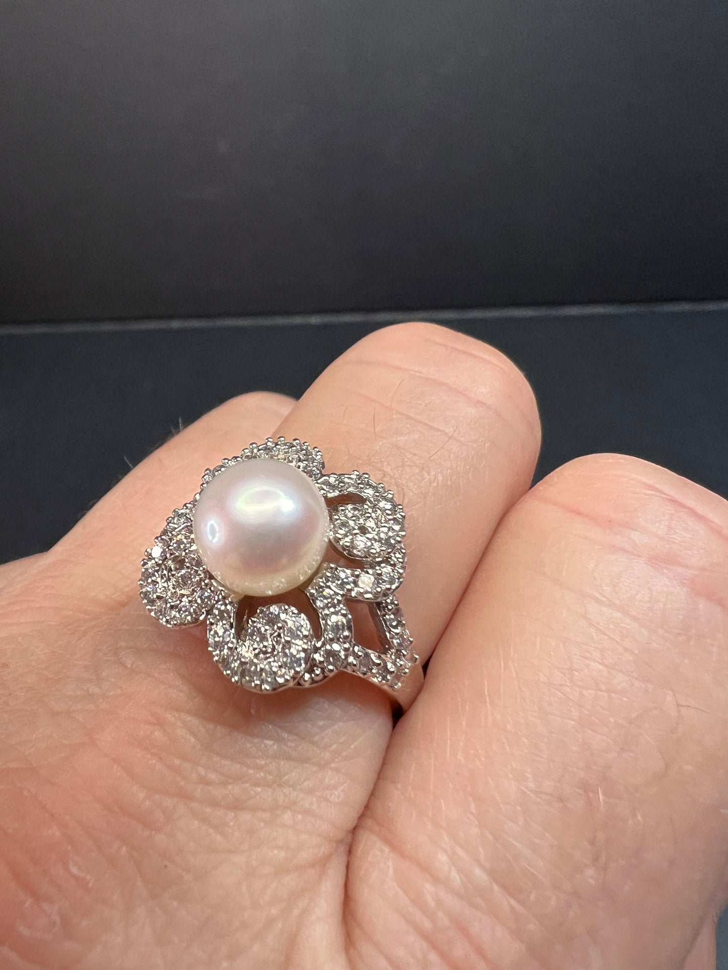 Freshwater pearl and Cz cocktail ring size 9