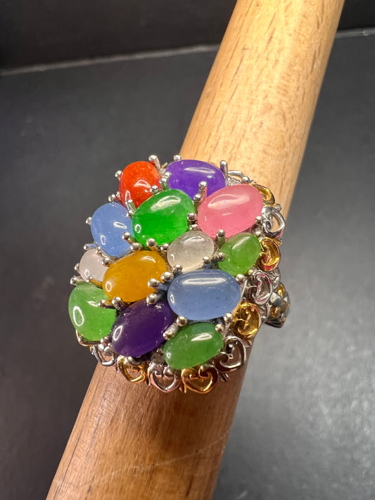 NEW rainbow harmony jade ring in vermeil and rhodium over sterling silver size 5