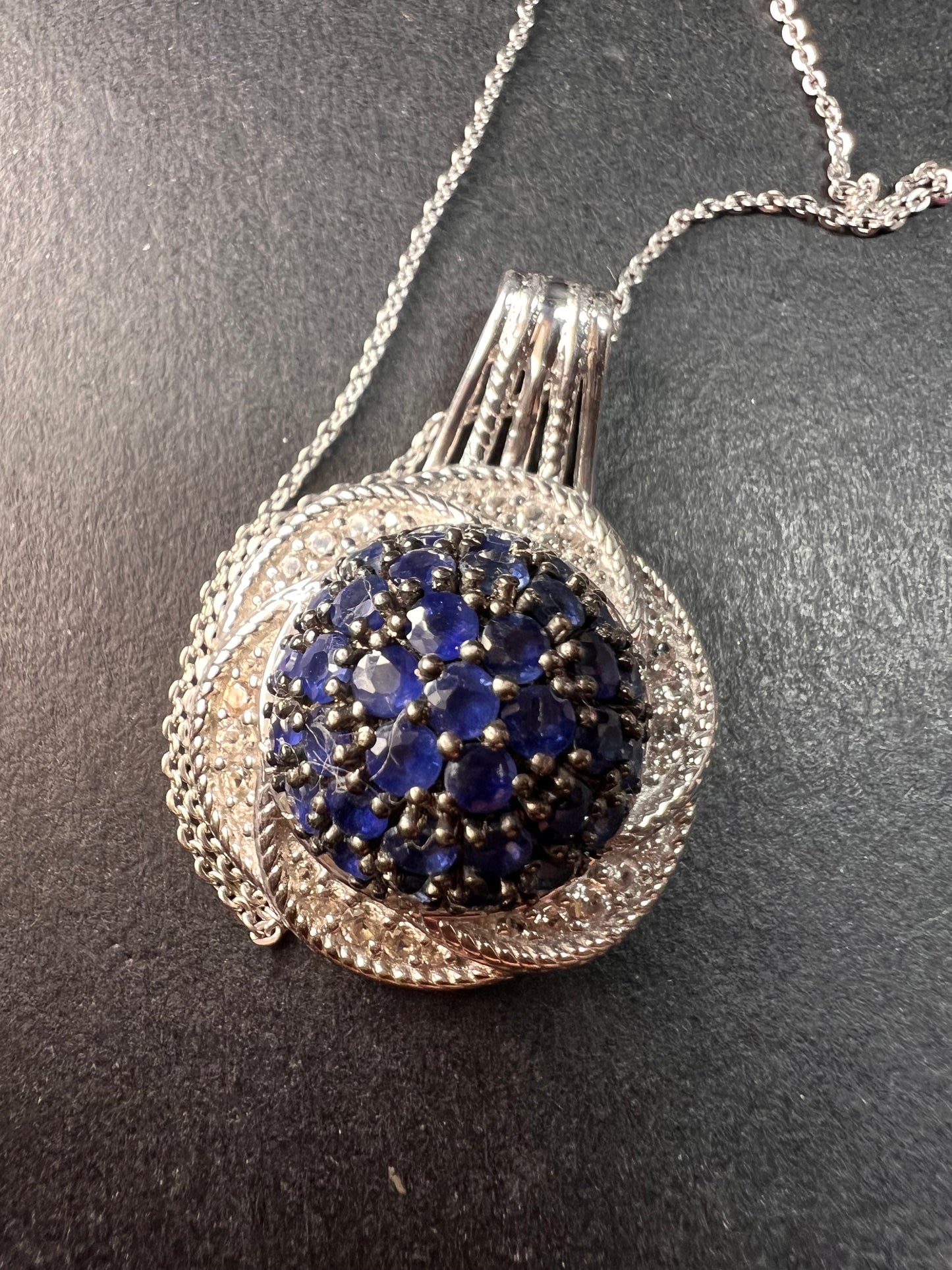 NEW blue sapphire and zircon galaxy halo pendant and chain in rhodium over sterling silver