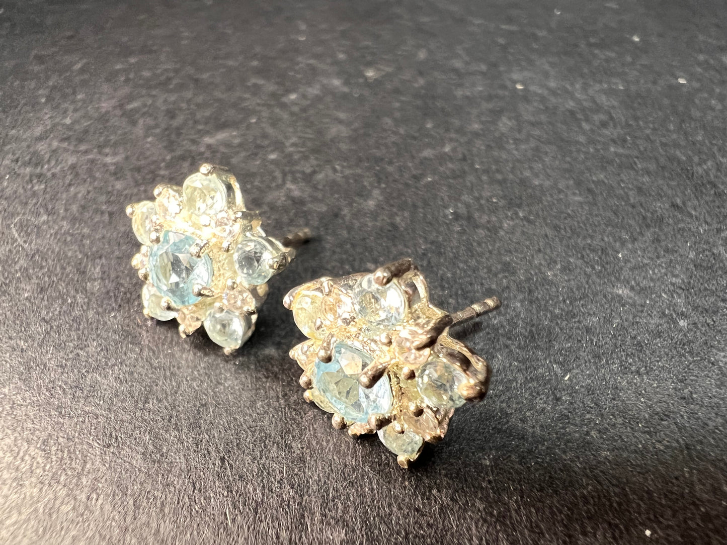 Vintage blue topaz and cz sterling silver snowflake stud earrings