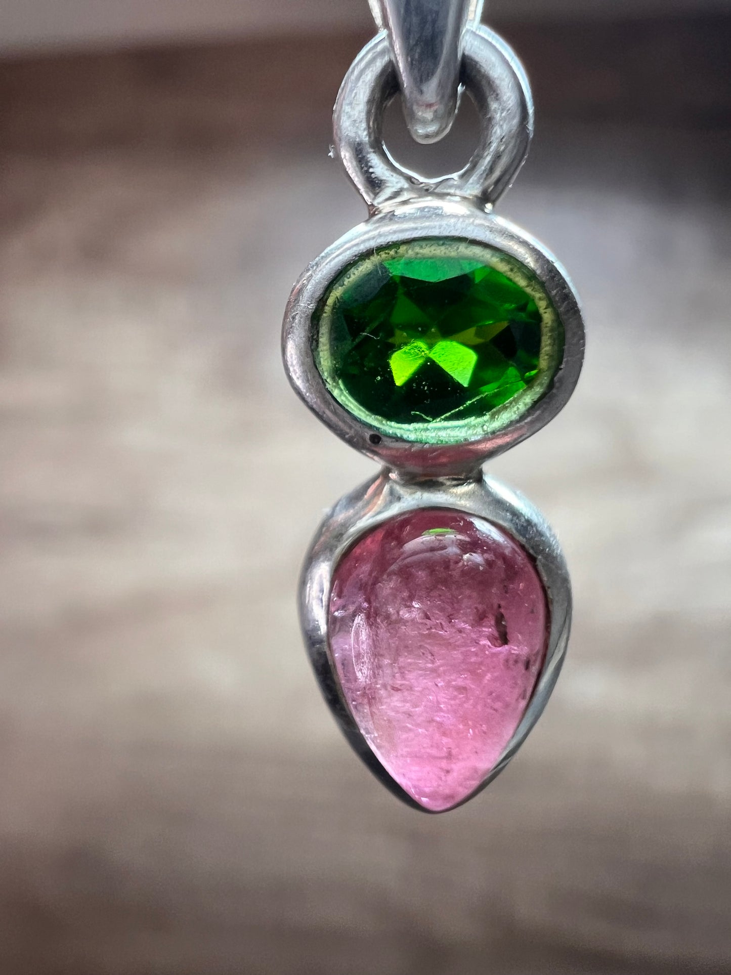 NEW Pink tourmaline and chrome diopside sterling silver pendant 1.47 grams