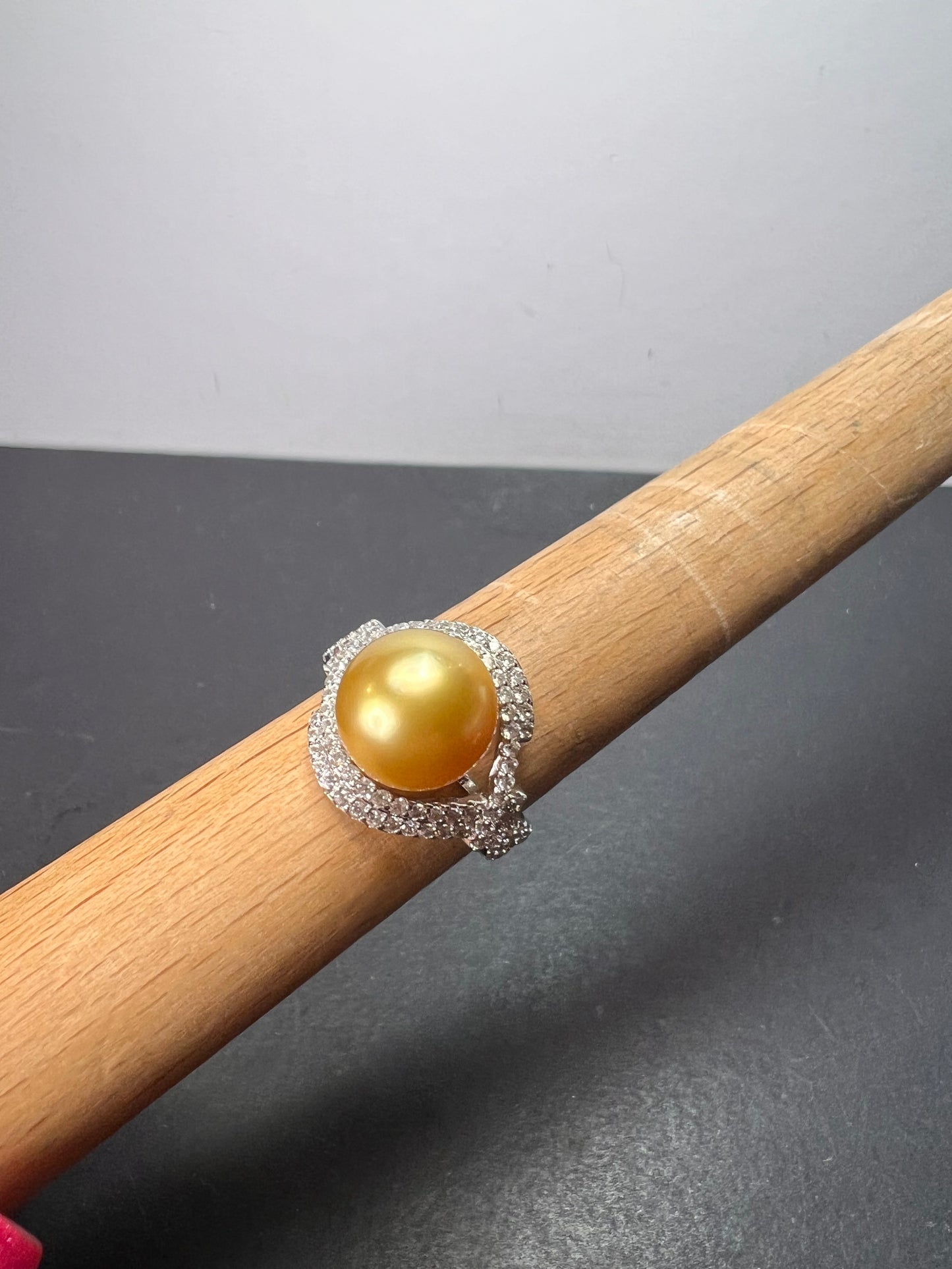 Natural Color Deep Gold 11mm Golden South Sea Cultured Pearl and Zircon ring in rhodium over Sterling silver size 9