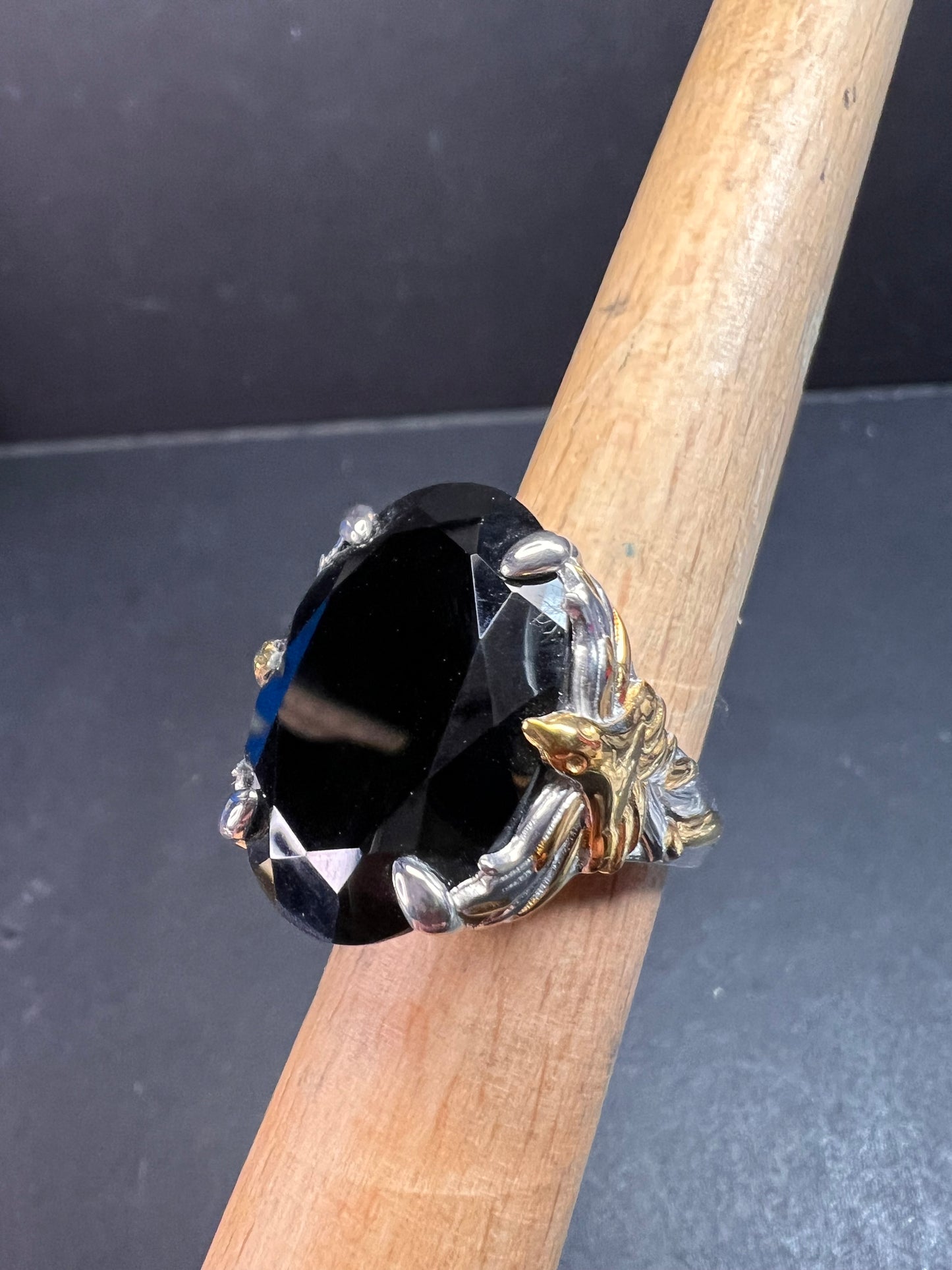 NEW Black spinel Phoenix ring in rhodium and gold vermeil over sterling silver size 7