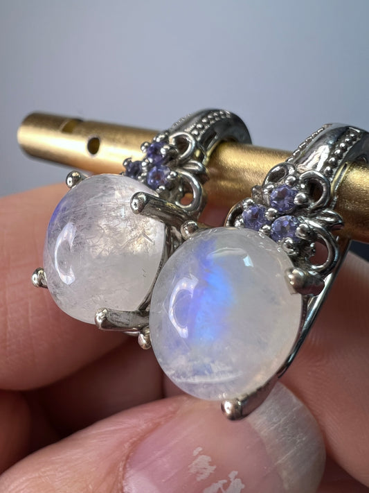 Rainbow moonstone and tanzanite omega back sterling silver earrings