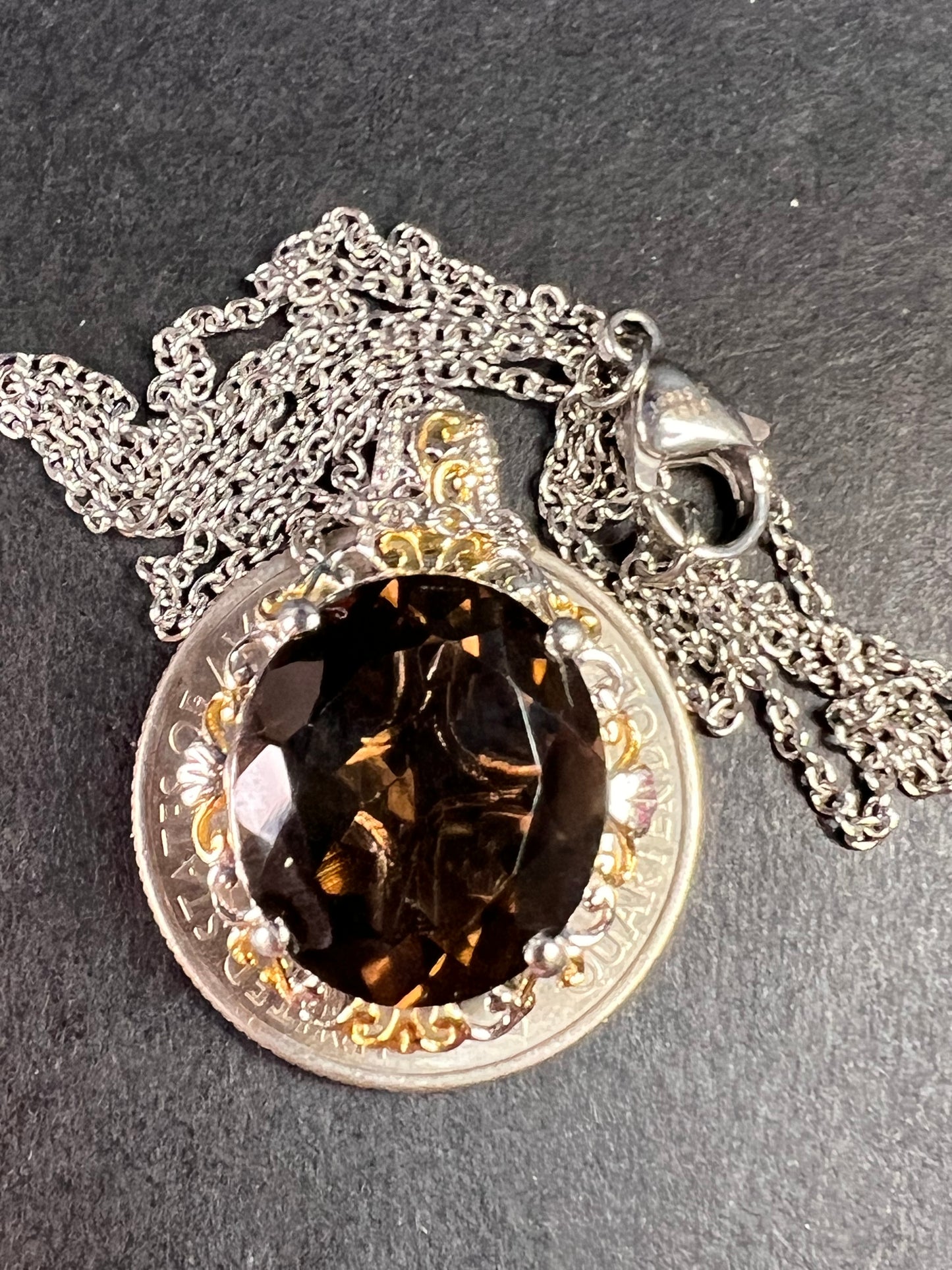 NEW Smoky Quartz pendant necklace in platinum and YG over brass and stainless steel 20 inches