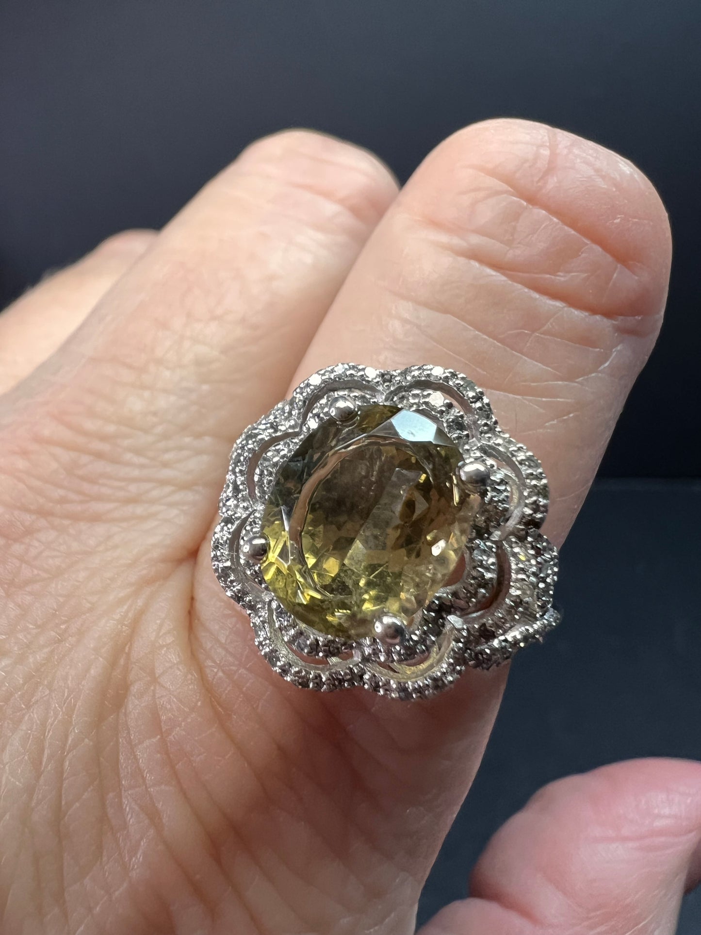 Citrine & Diamond Sterling Silver Scalloped Halo Ring Size 9