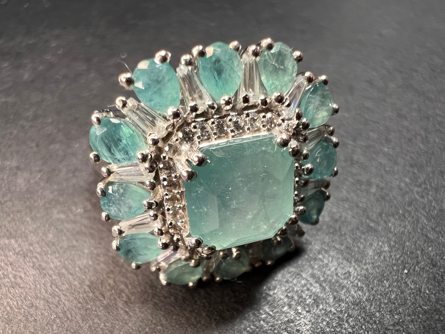 NEW grandidierite and zircon cocktail ring in rhodium over sterling silver size 7