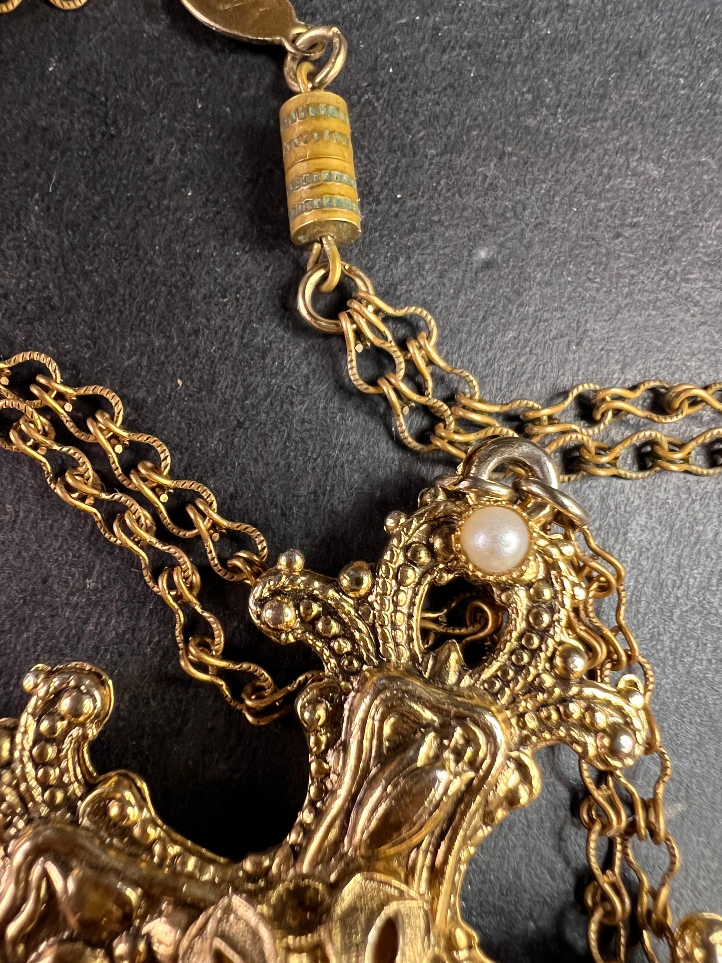 Vintage 1928 Gold Tone Cross Pendant Necklace with Faux Pearls – Long Chain Statement Jewelry