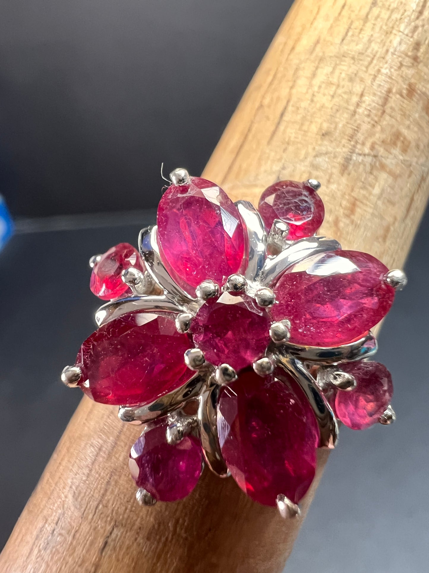 Vintage ruby flower cluster sterling silver ring size 7