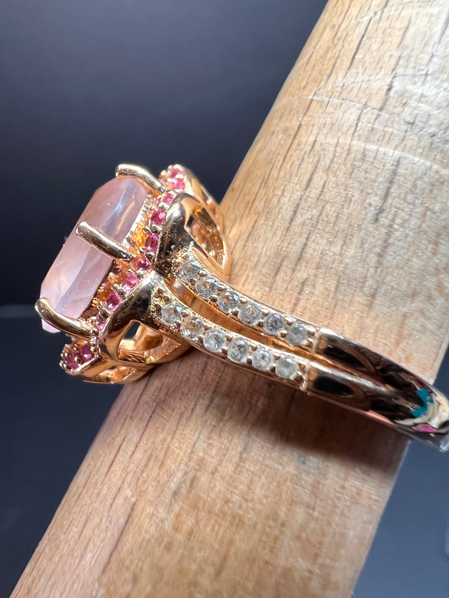 NEW Rose Quartz and lab pink sapphire rose gold over sterling silver ring size 8