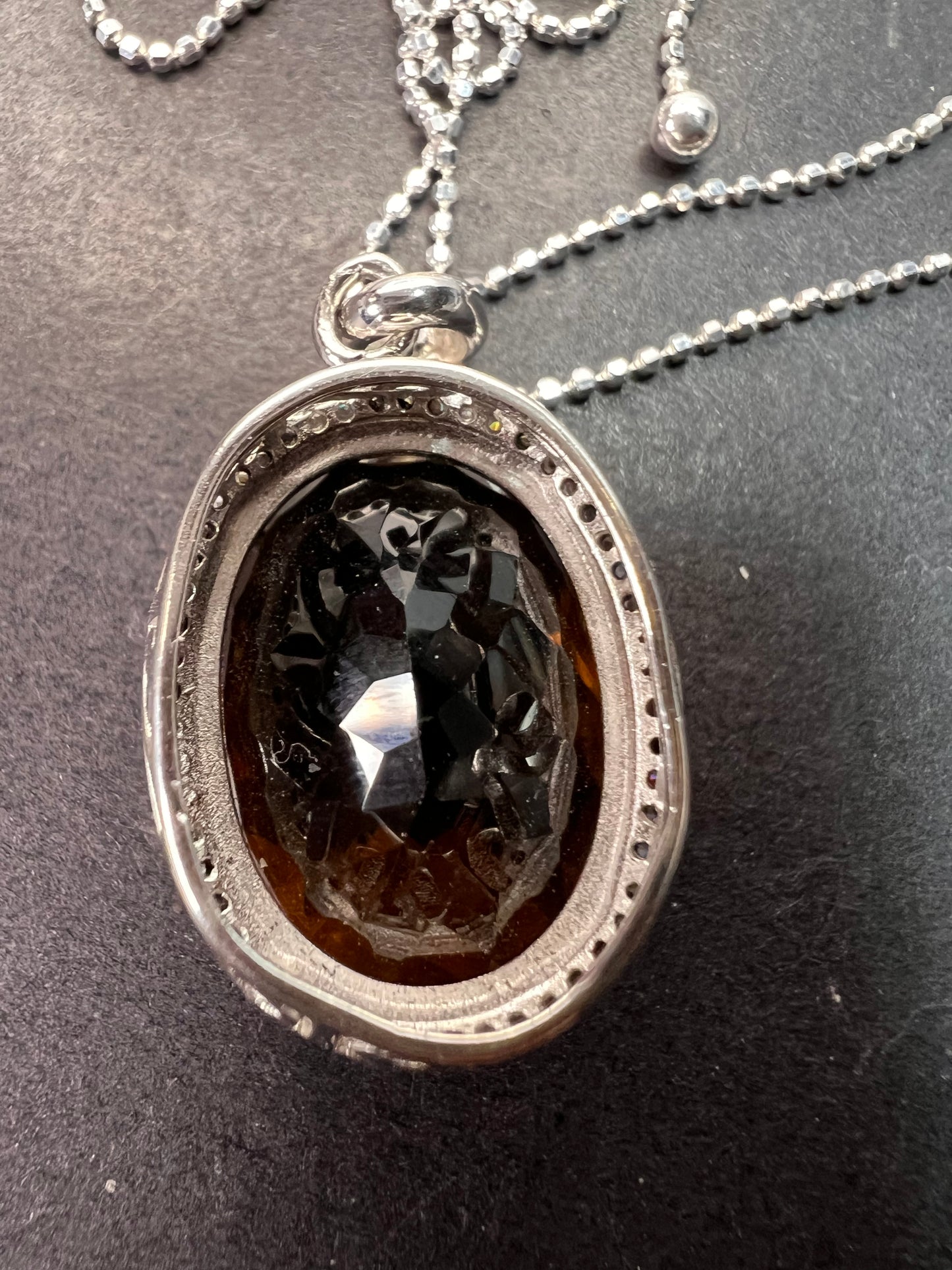 Cognac Quartz sterling silver halo pendant and chain