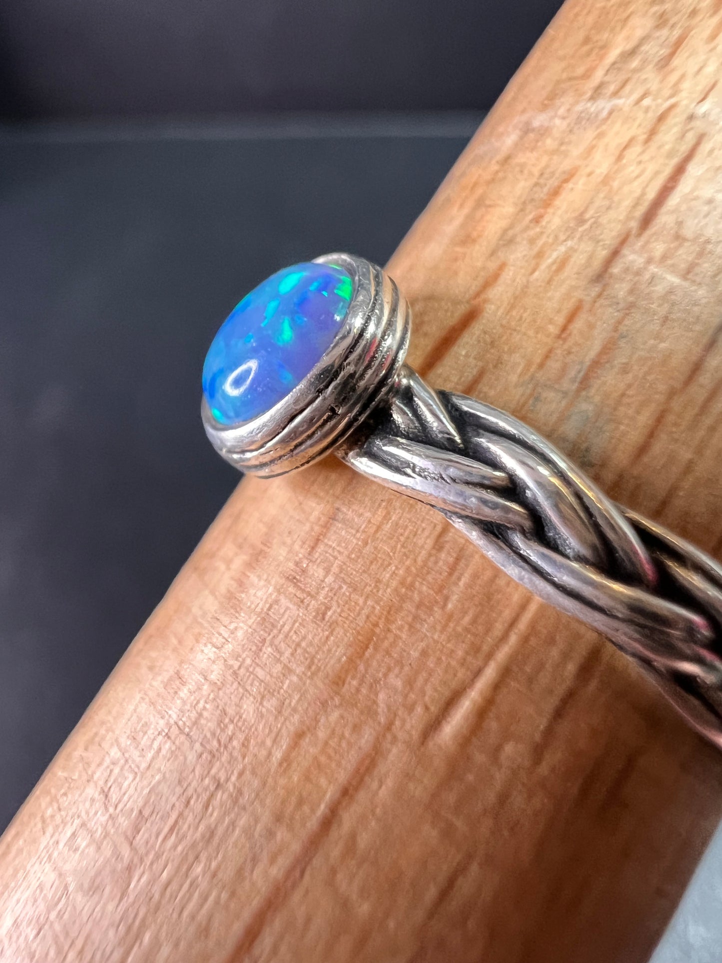 Sterling Silver Braided Band Ring with Lab Opal – Size 9
