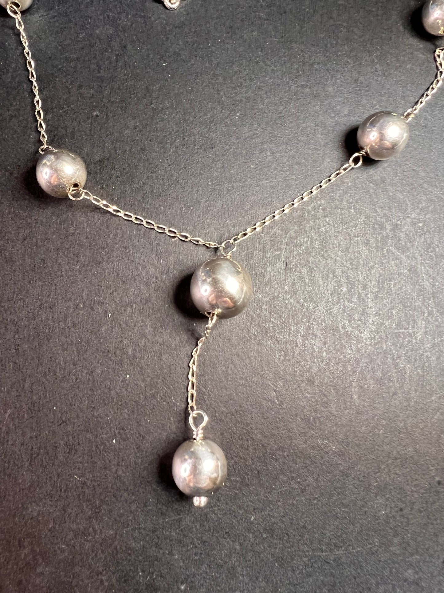 Vintage sterling silver Y drop station ball necklace