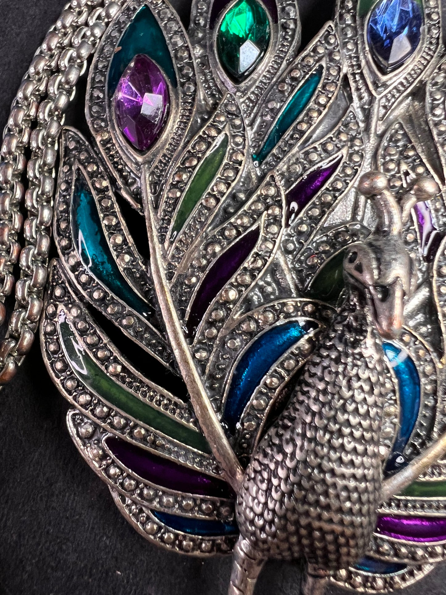 Vintage enameled and jeweled peacock pendant costume jewelry necklace