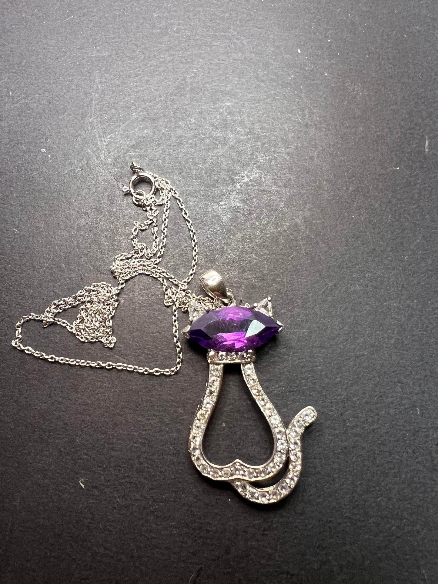 Purple Amethyst white topaz Rhodium Over Silver Cat Pendant Chain