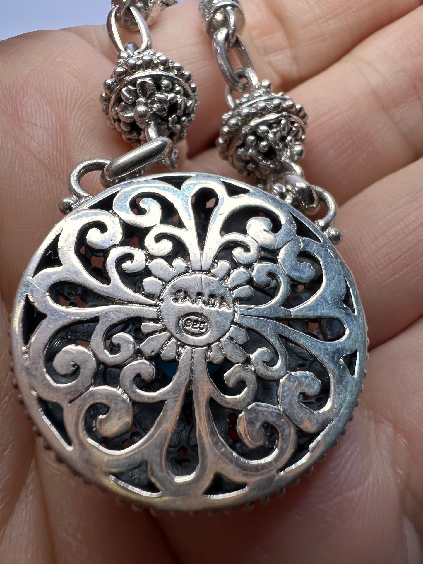 Sarda vintage turquoise Sterling silver Byzantine station 2 clasp adjustable necklace 16-25 inches