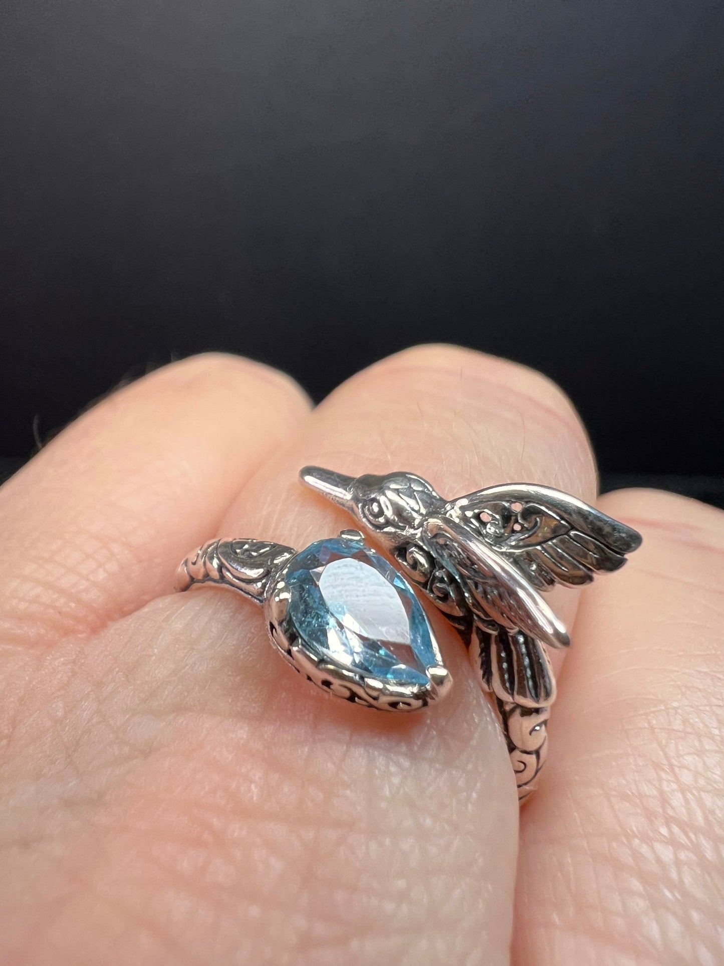 NEW Blue topaz hummingbird Bali sterling silver ring size 7