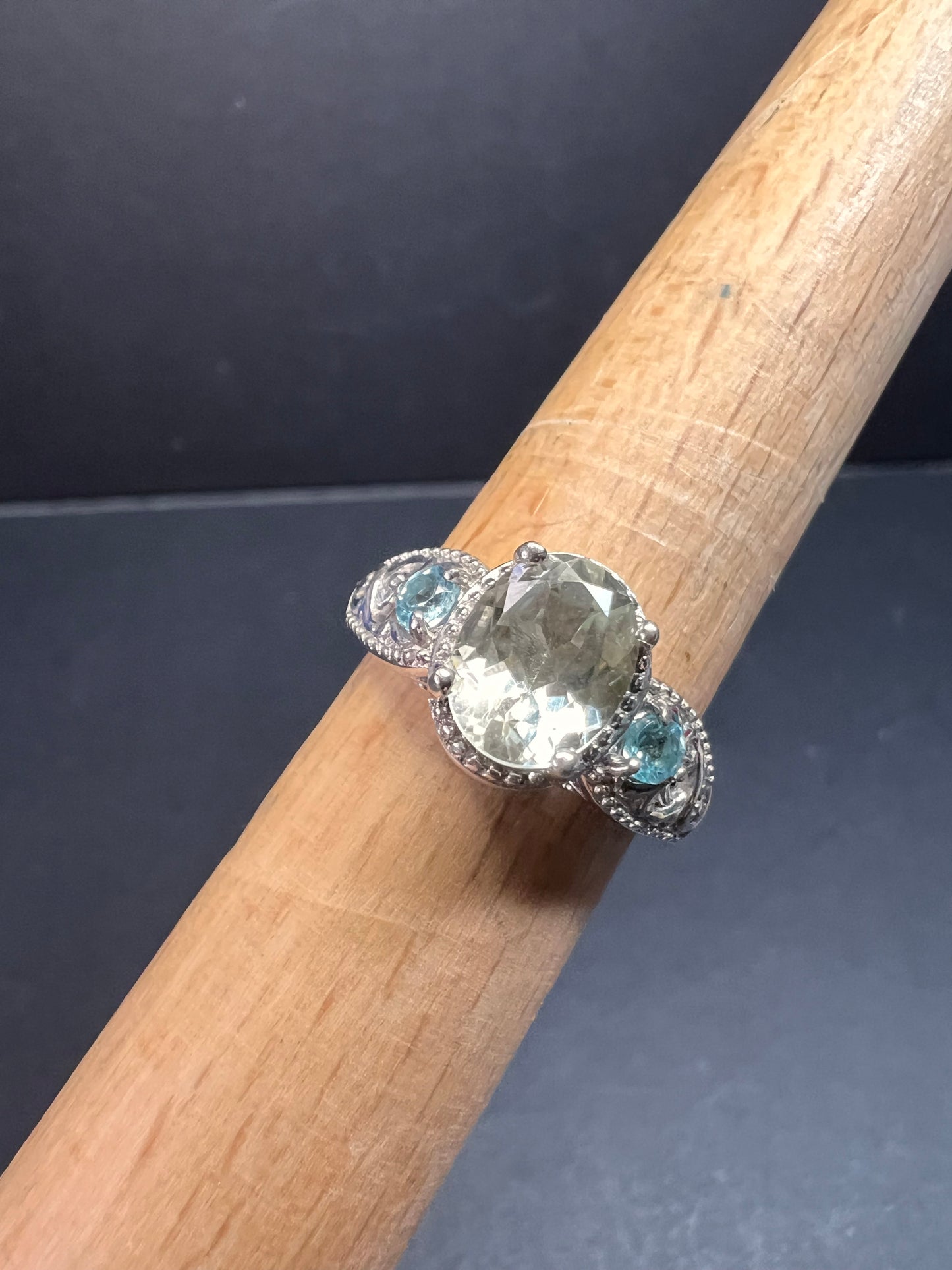 Prasiolite and apatite ring in platinum over copper size 8