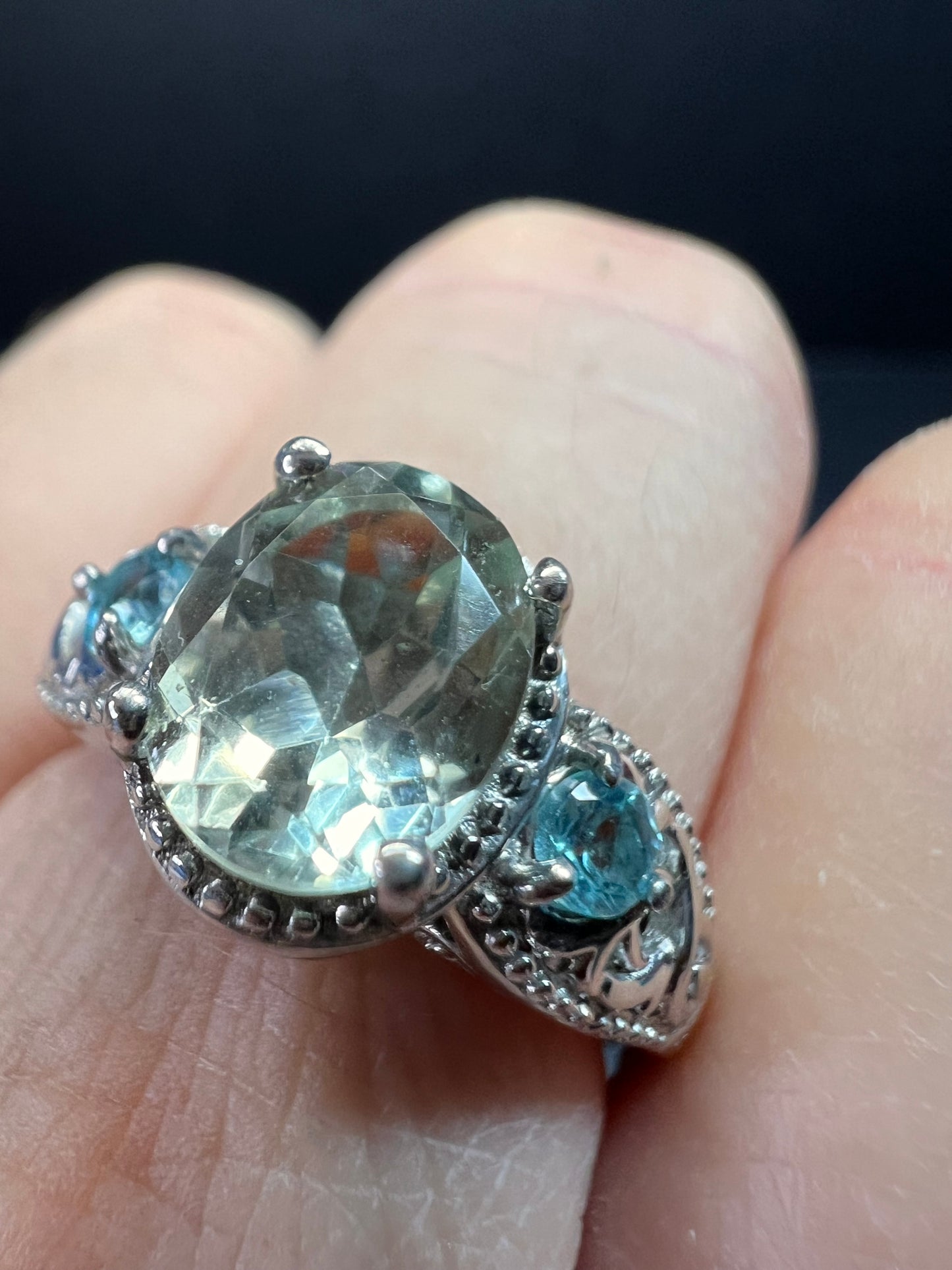 Prasiolite and apatite ring in platinum over copper size 8