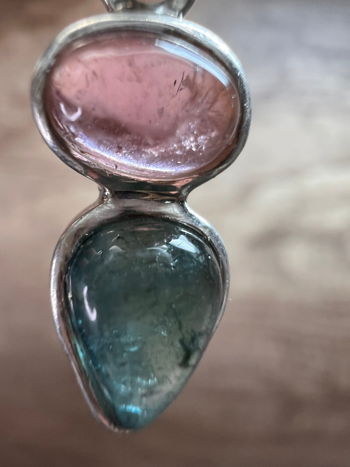 NEW Pink and blue indicolite tourmaline sterling silver pendant 2.13 grams