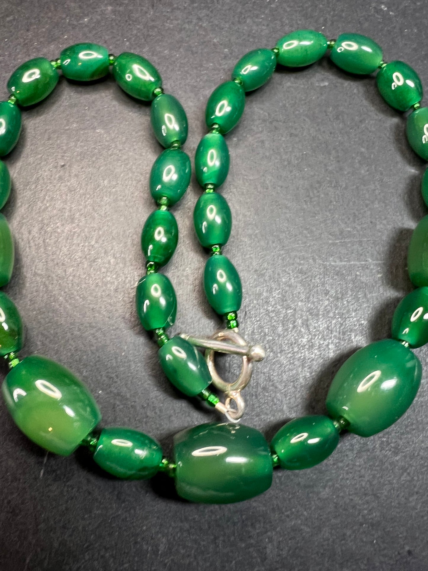 Green onyx beaded necklace with sterling silver toggle clasp