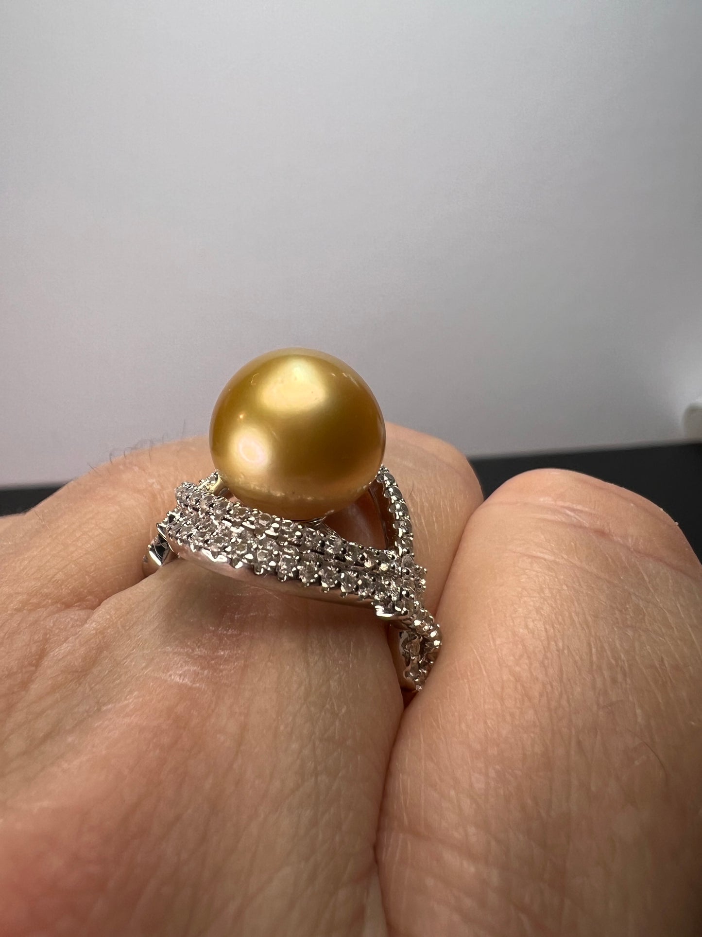Natural Color Deep Gold 11mm Golden South Sea Cultured Pearl and Zircon ring in rhodium over Sterling silver size 9
