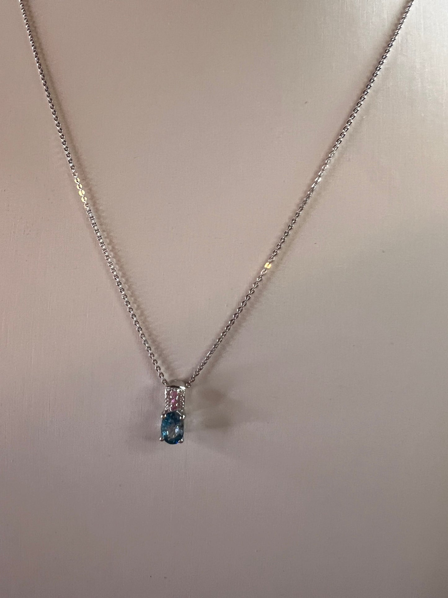 NEW Blue zircon and pink sapphire sterling silver pendant and chain