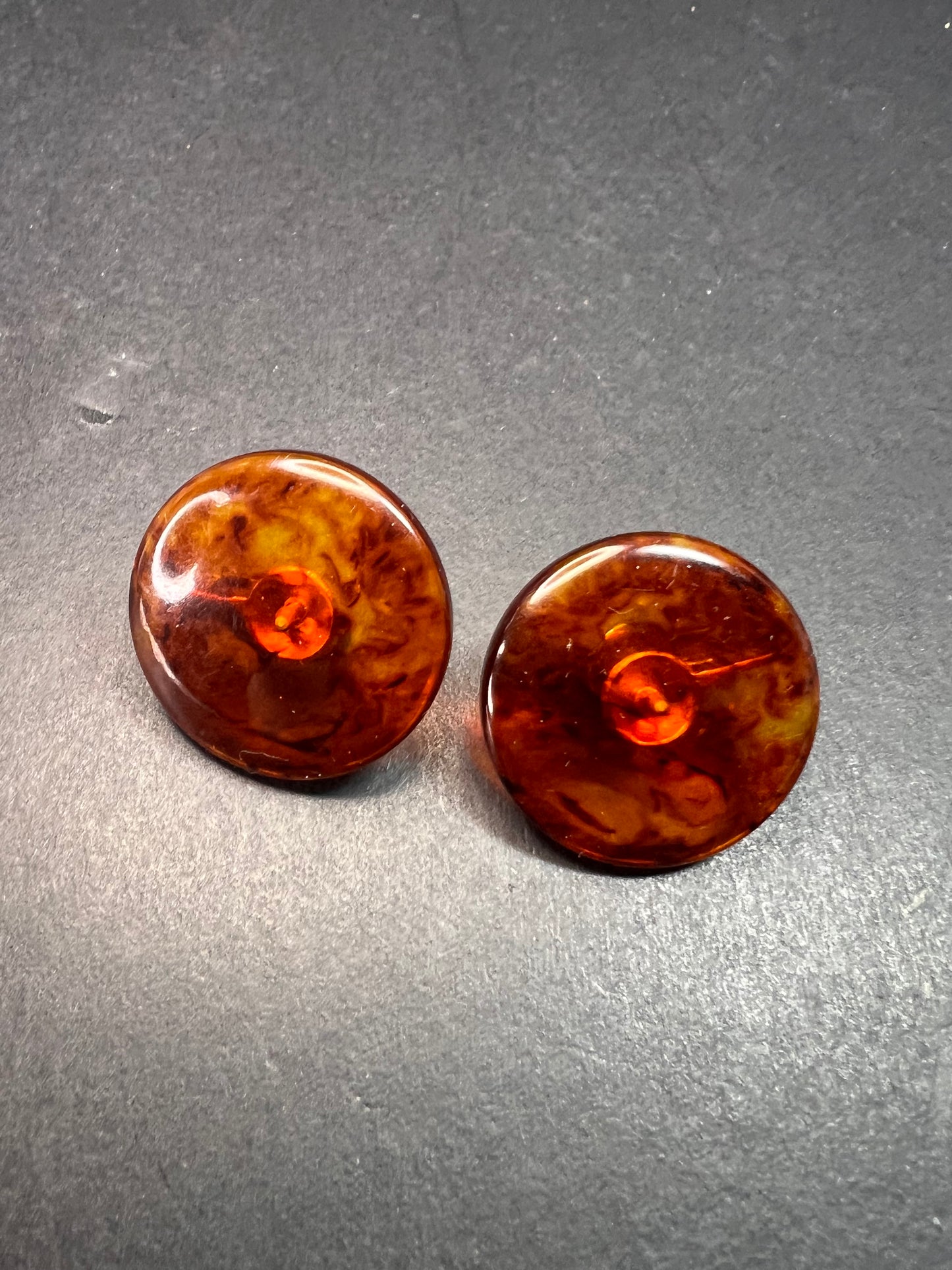 Vintage root beer Bakelite clip on button earrings
