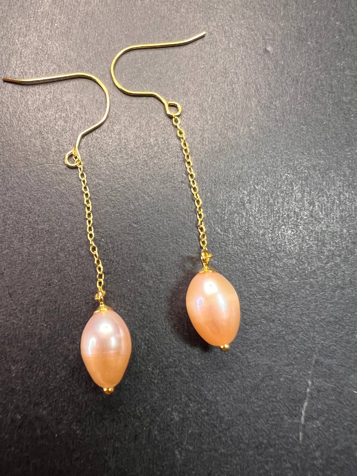 NEW peachy pink freshwater pearl chain dangles on gold over sterling silver