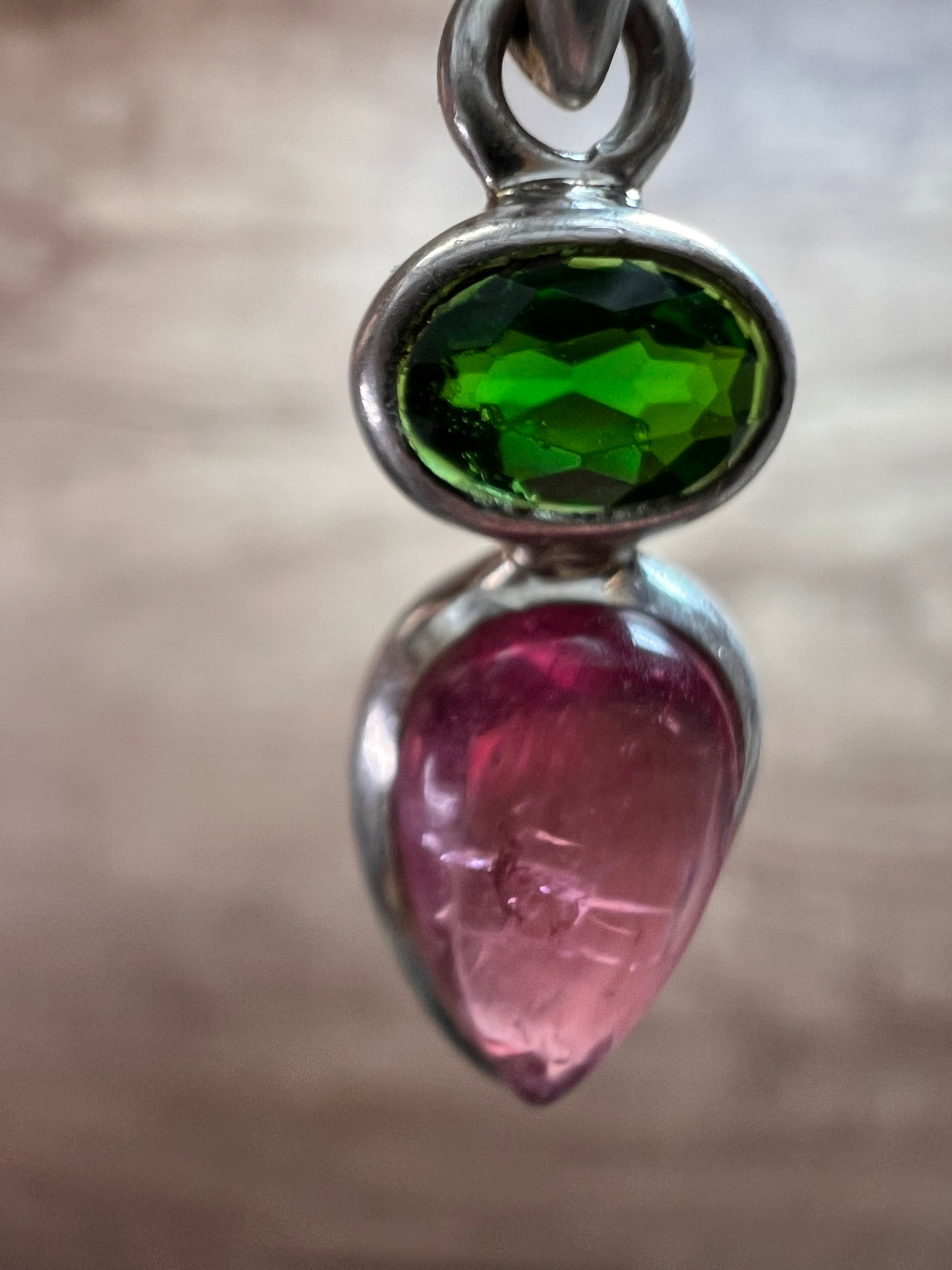 NEW Pink tourmaline and chrome diopside sterling silver pendant 1.75 grams