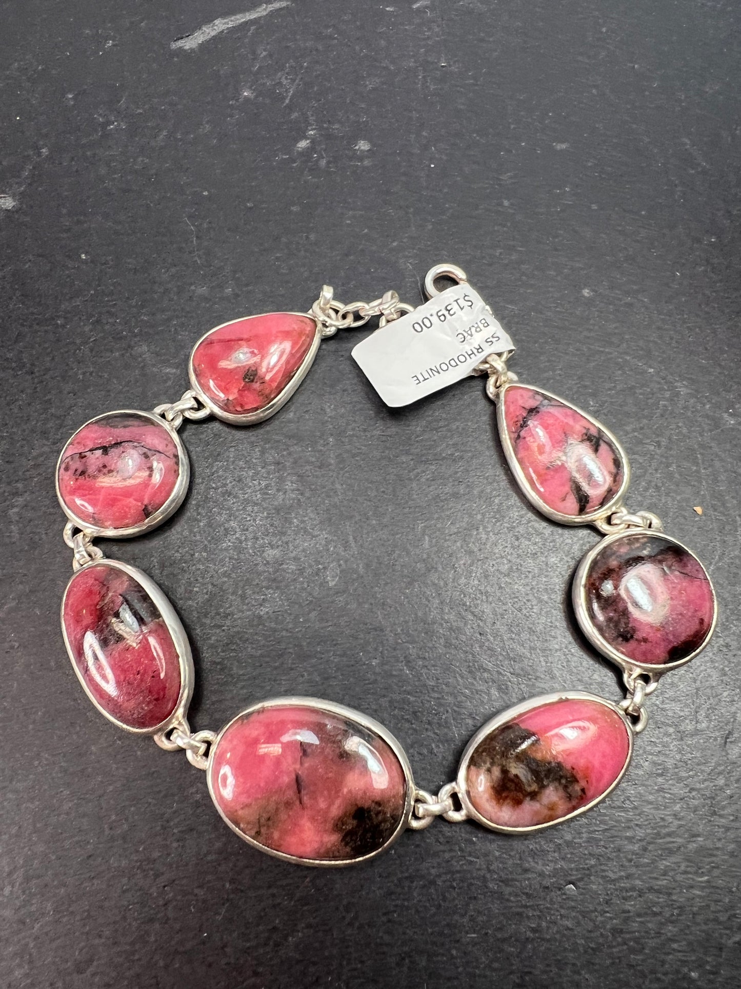 New Rhodonite free form sterling silver link bracelet 8-8.5 inch