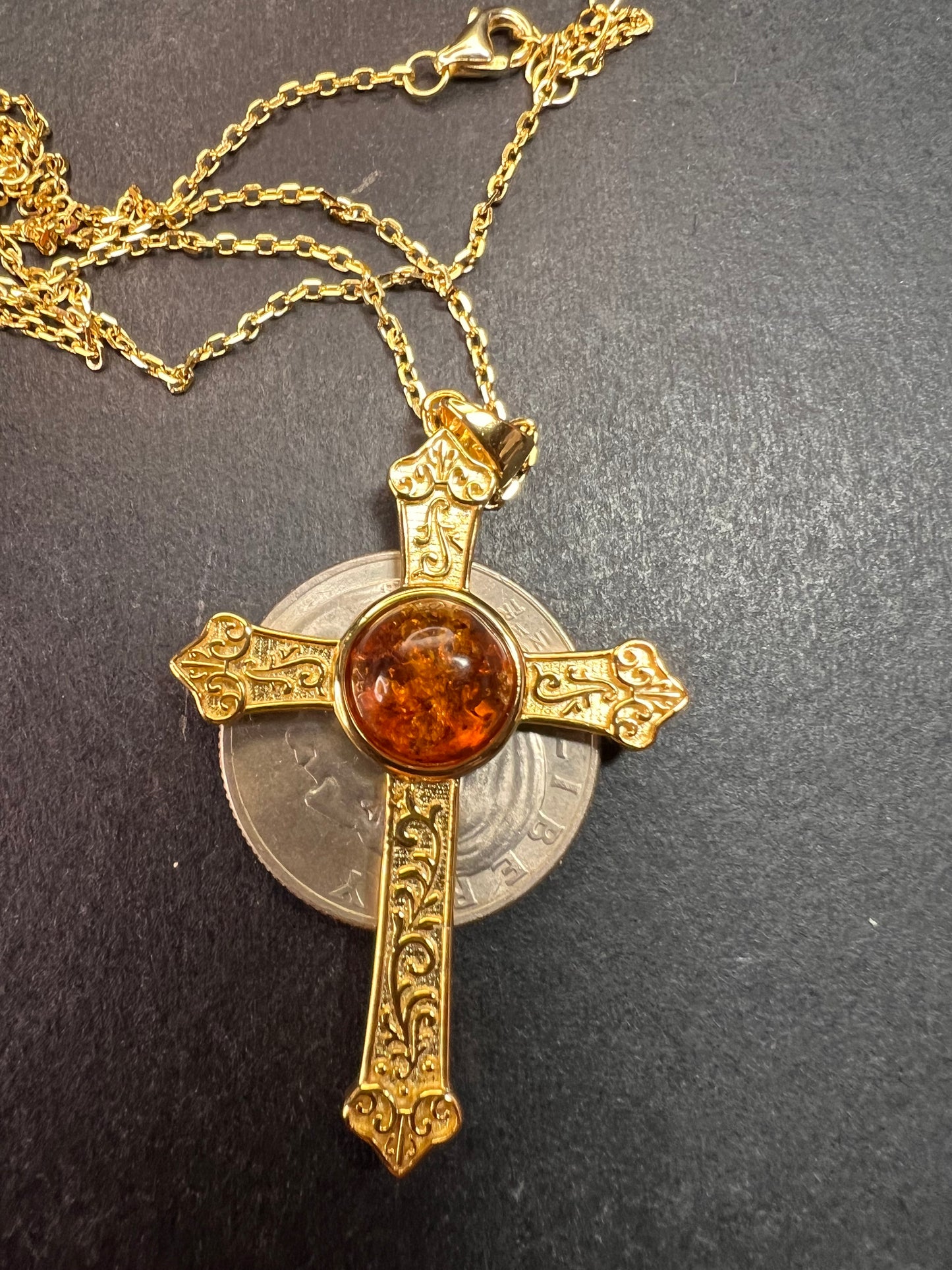 NEW Baltic Amber cross pendant in gold over sterling silver