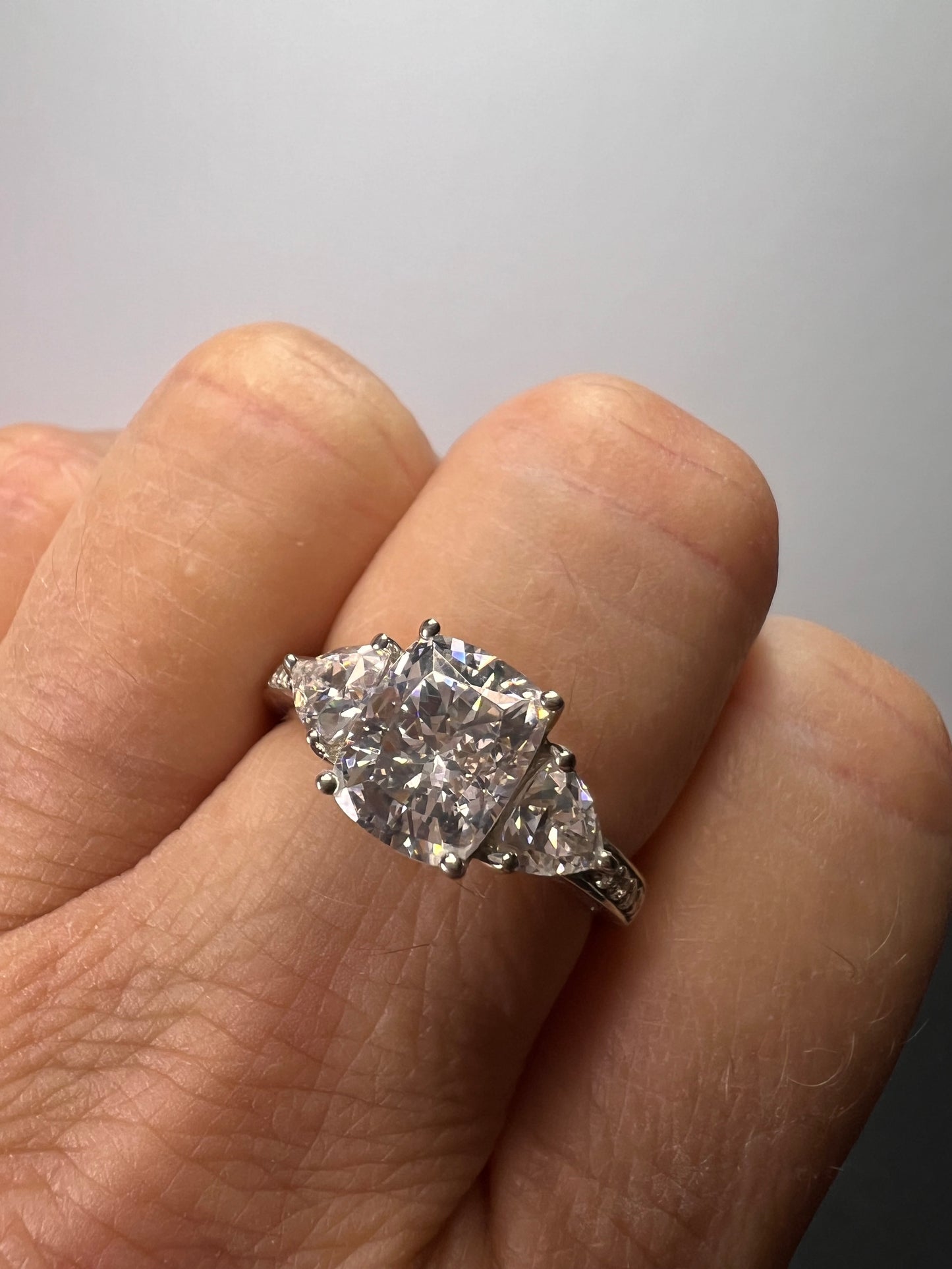 White cushion cut cubic zirconia platinum over sterling silver ring size 9