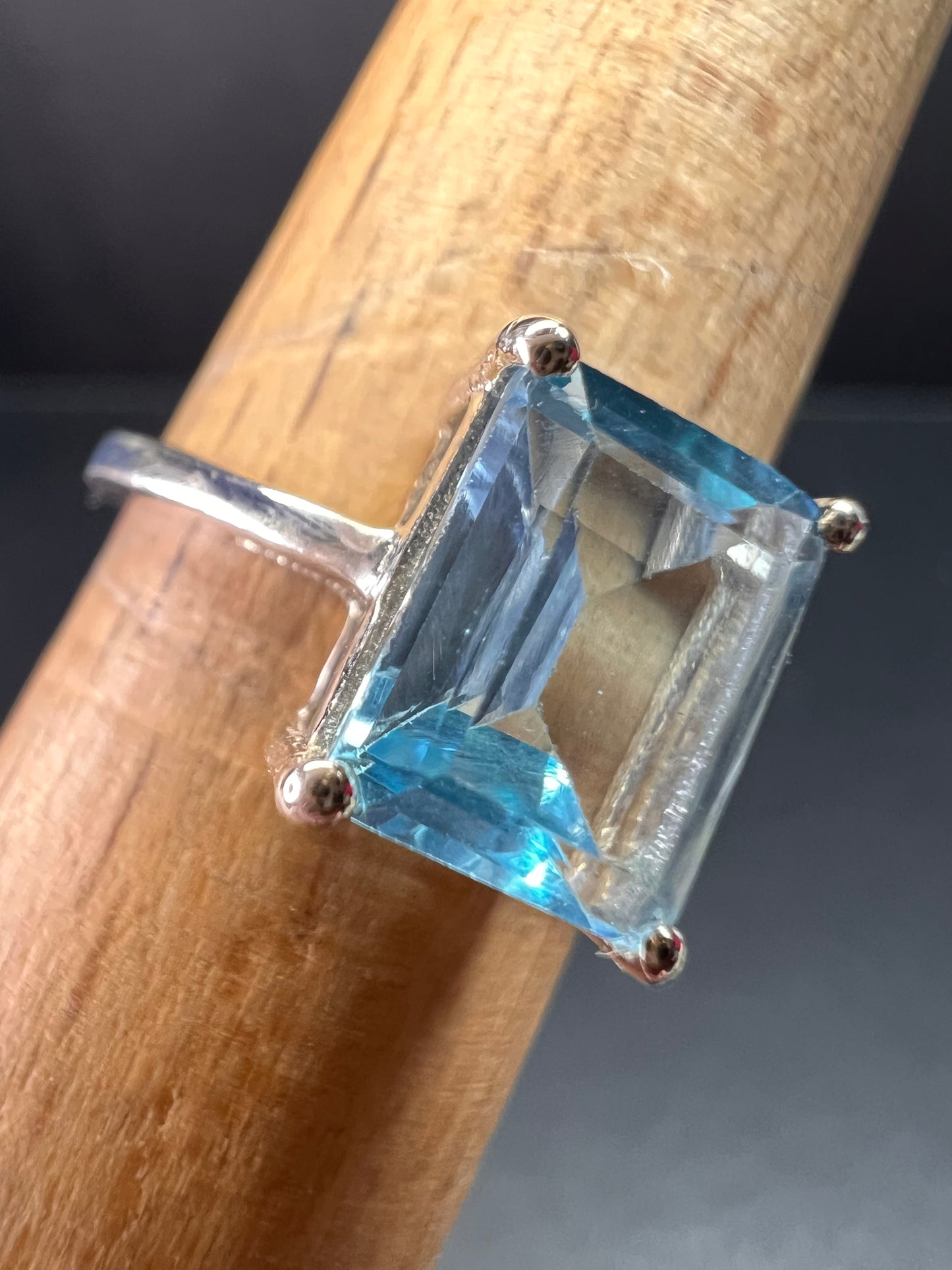 Blue topaz emerald cut sterling silver ring size 7
