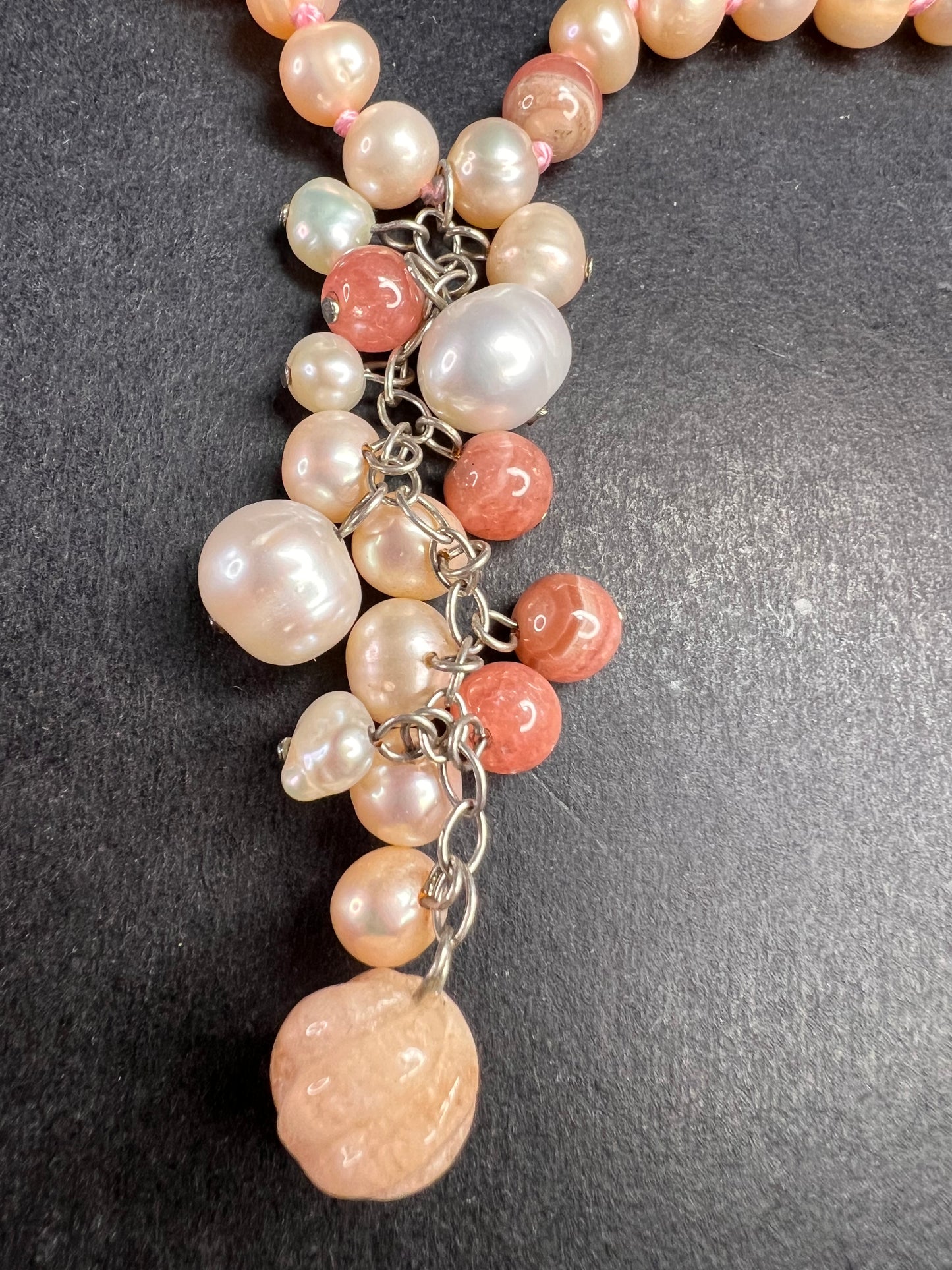 NEW freshwater pearl, rhodochrosite and morganite necklace with sterling silver clasp