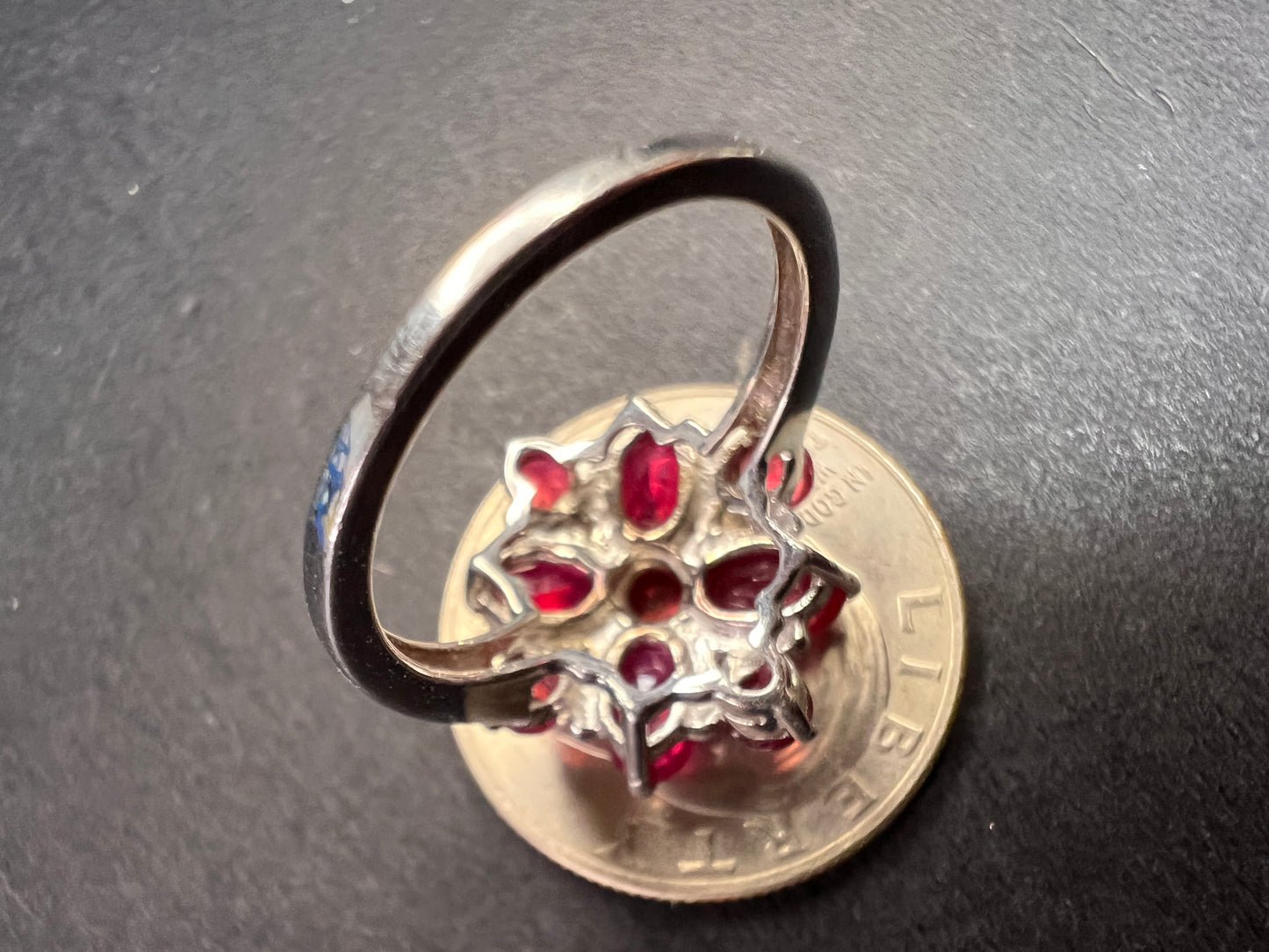 Vintage ruby flower cluster sterling silver ring size 7