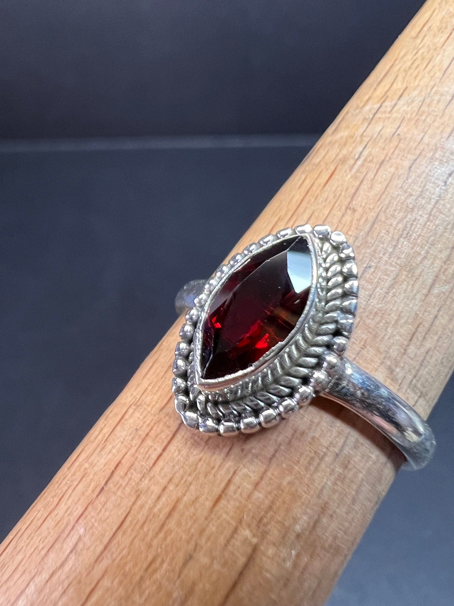 Red garnet marquise gemstone sterling silver ring size 8