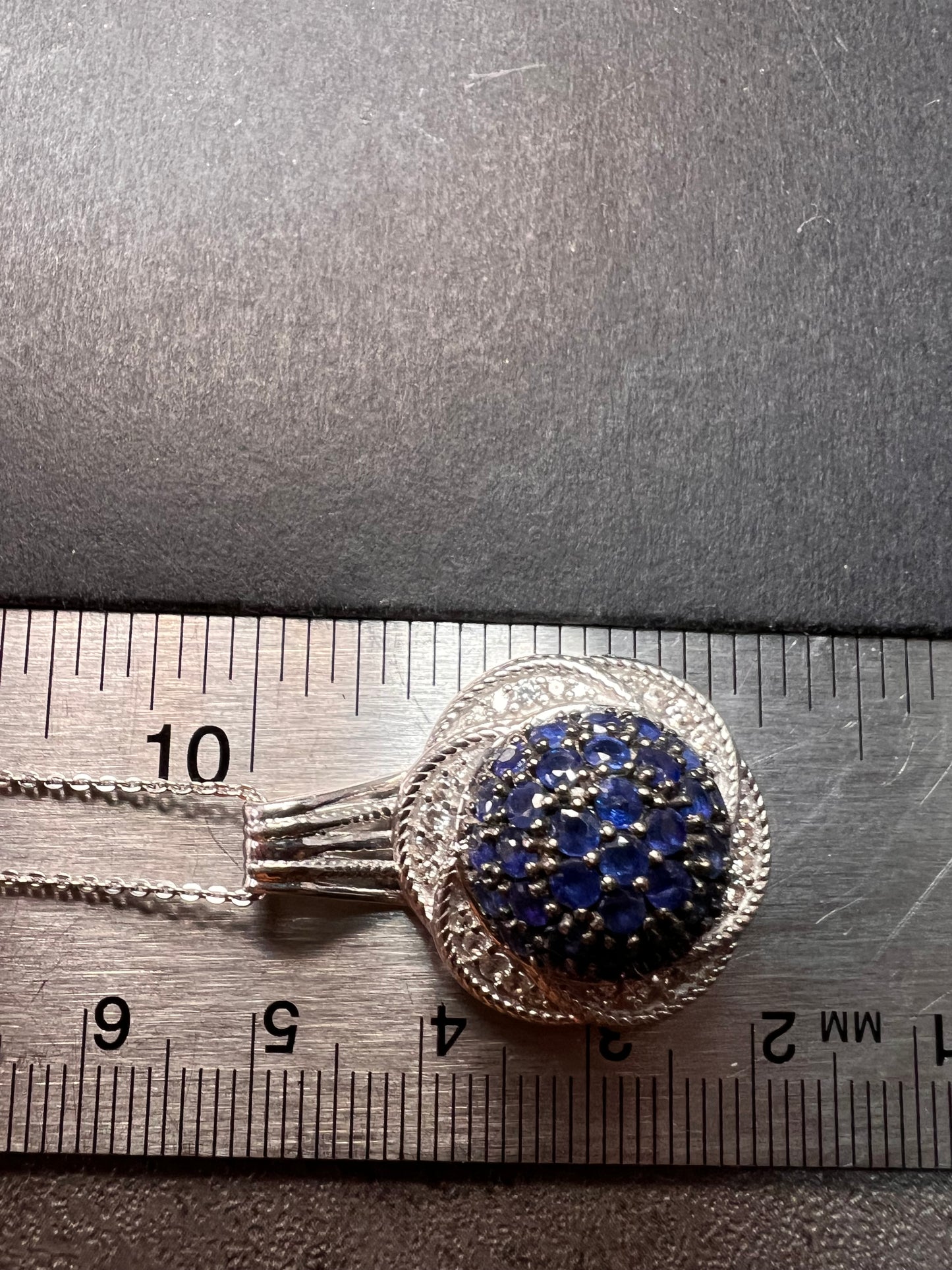 NEW blue sapphire and zircon galaxy halo pendant and chain in rhodium over sterling silver