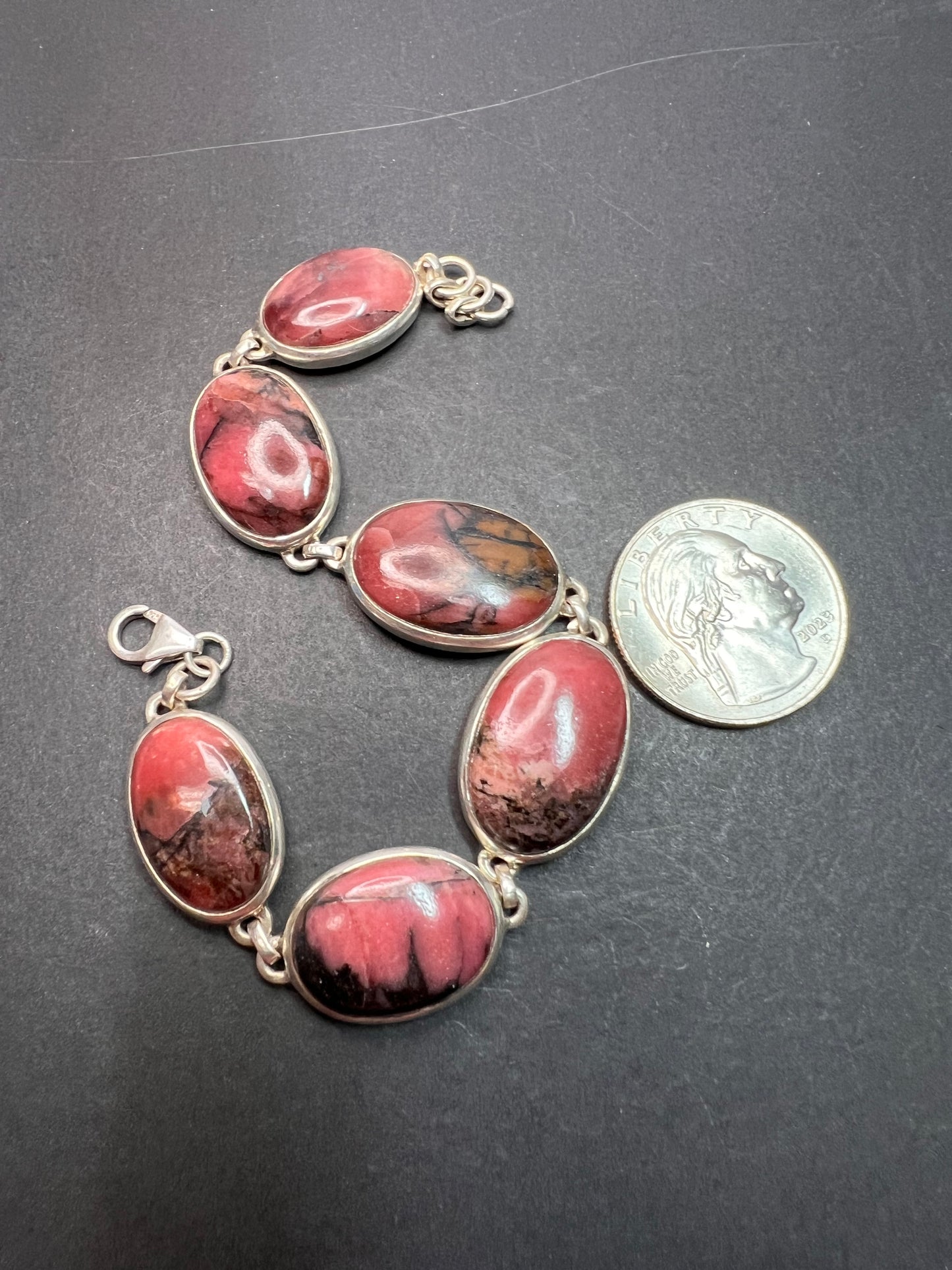 NEW Rhodonite sterling silver link bracelet 7.75 inch