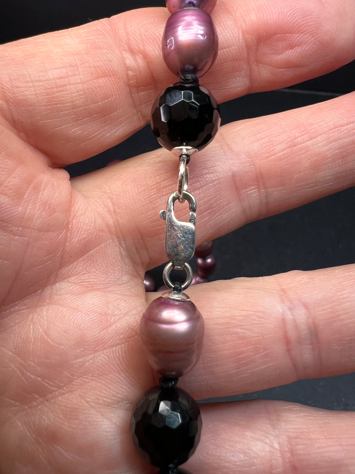 NEW freshwater pearl and black tourmaline 36 inch necklace with sterling silver clasp